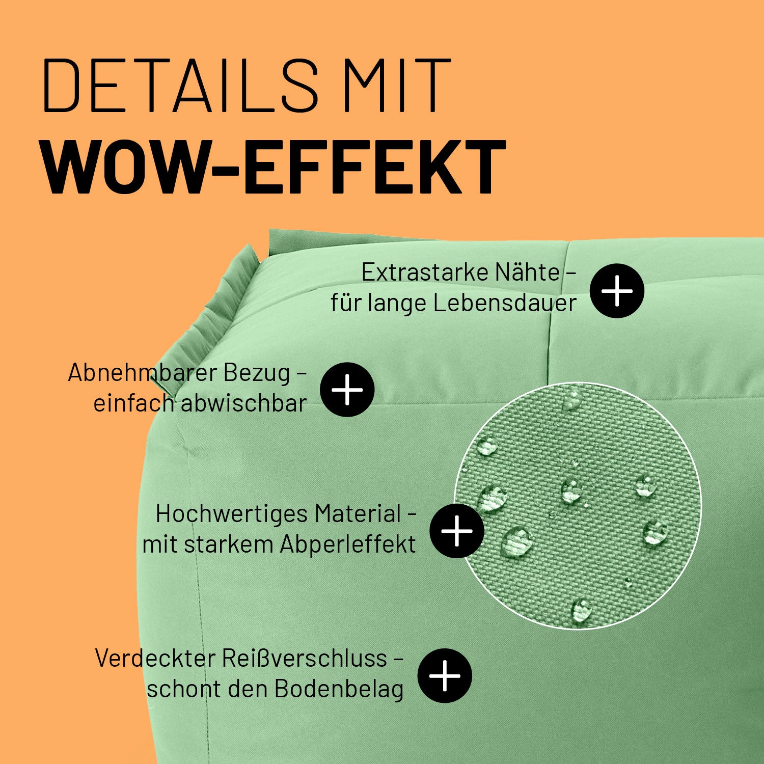 Sitzsack-Hocker (200 L) - Modulares System - indoor & outdoor - Pastell Grün mit abnehmbarem Bezug, starken Nähten und verdecktem Reißverschluss.
