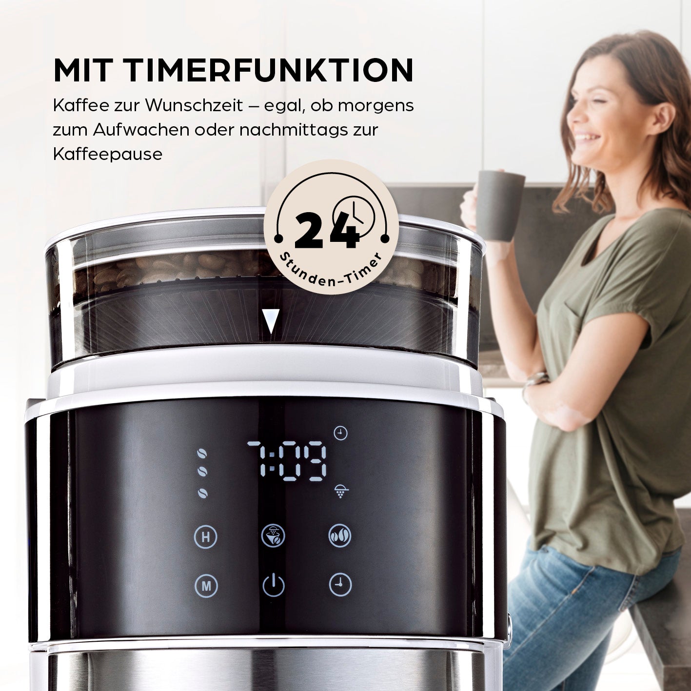 Filterkaffeemaschine Touch Iso mit Mahlwerk - Weiß mit Timerfunktion und LED-Touchdisplay für frisch gemahlenen Kaffee.