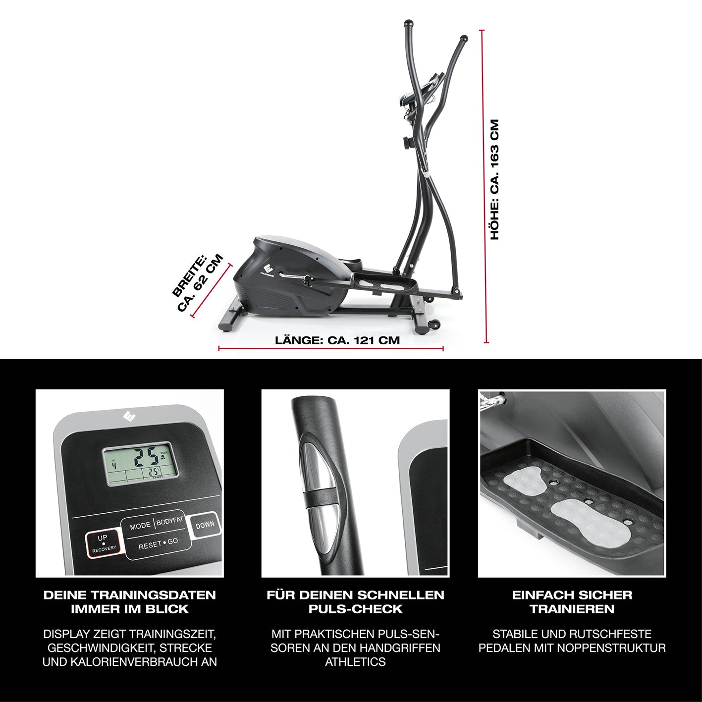 Crosstrainer - belastbar bis 150 kg - 10 Schwierigkeitsstufen mit Pulssensoren, rutschfesten Pedalen und großem Display.