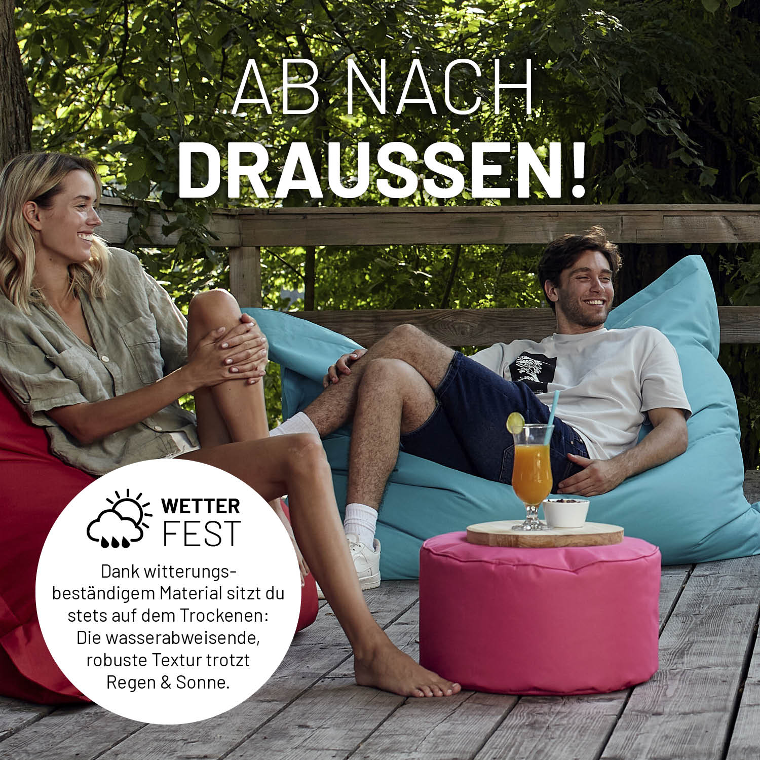 Sitzsack-Hocker/Pouf (50 L) - indoor & outdoor - Pastell Pink, wetterfest und robust, ideal für Terrasse und Garten.