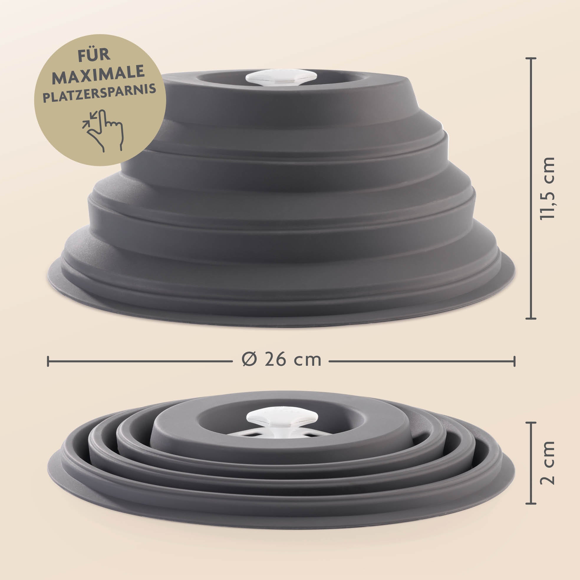 Faltbare Mikrowellenhaube mit Magnet, platzsparend zusammenklappbar auf 2 cm Höhe, 26 cm Durchmesser, BPA frei.