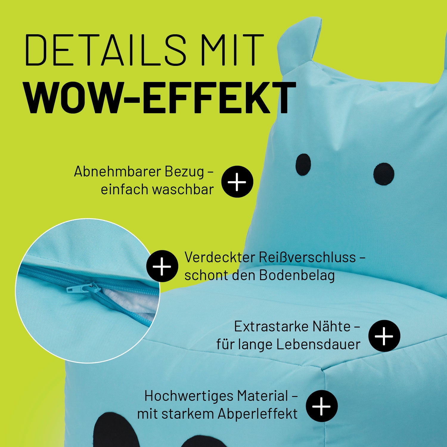 Kindersitzsack Animal Line Hippo (200 L) Türkis, wasserabweisend, abnehmbarer Bezug, verdeckter Reißverschluss, hochwertige Nähte, robust für indoor & outdoor.