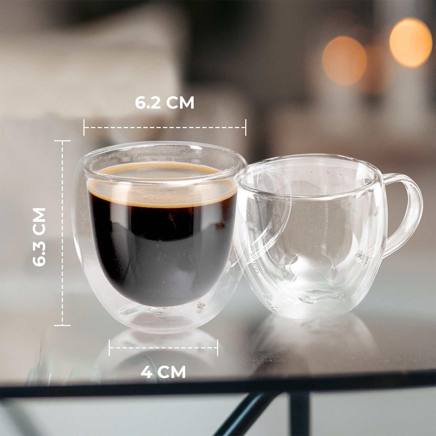 Doppelwandige Gläser - 6er-Set - 80 ml aus langlebigem Borosilikatglas mit Henkel, ideal für Espresso und heiße Getränke.