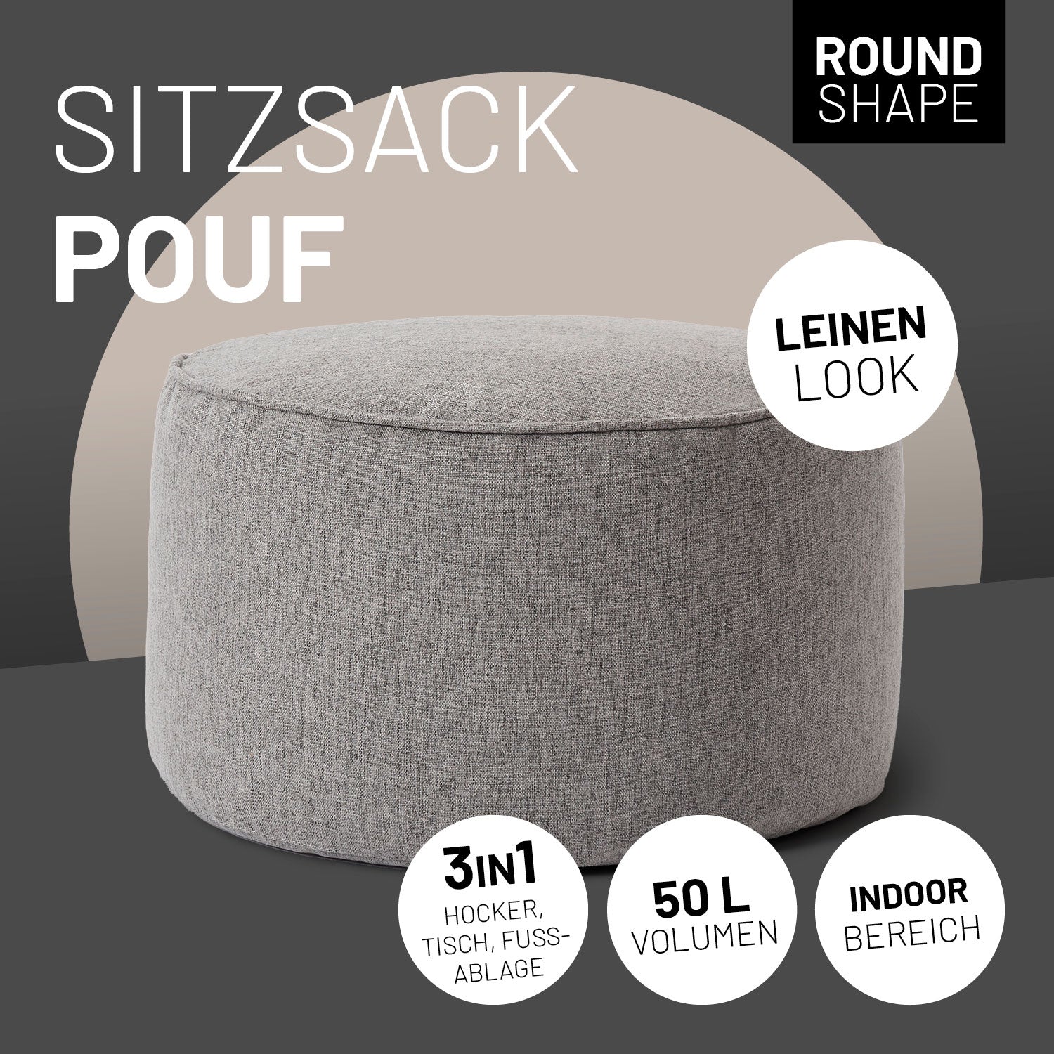Comfort Line Sitzsack-Hocker/Pouf (50 L) in Hellgrau, indoor, 3in1 Fußablage, Tisch und Hocker mit Leinen Look, 50 Liter Volumen.