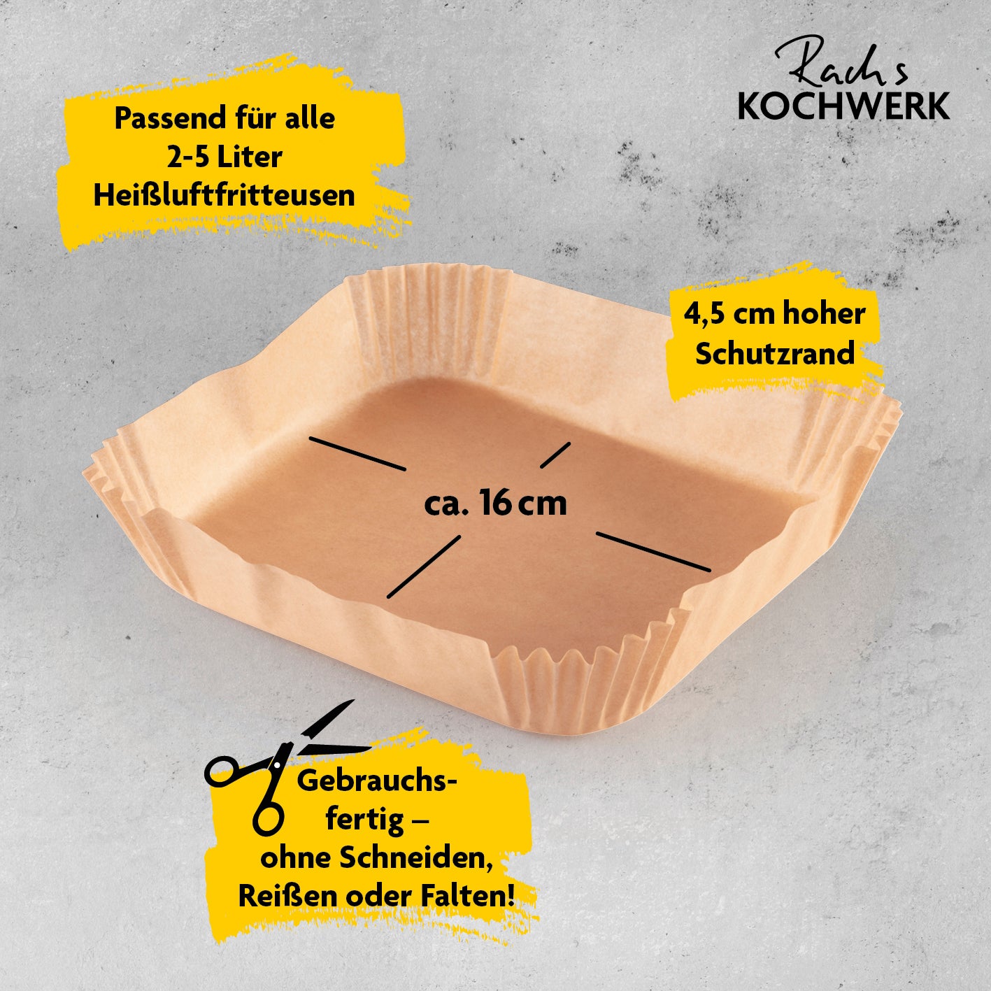 Backpapierschalen für Heißluftfritteusen (2–5 l) mit 2 Rezeptideen, 50 Stück, 16x16x4,5 cm, hitzebeständig bis 230°.