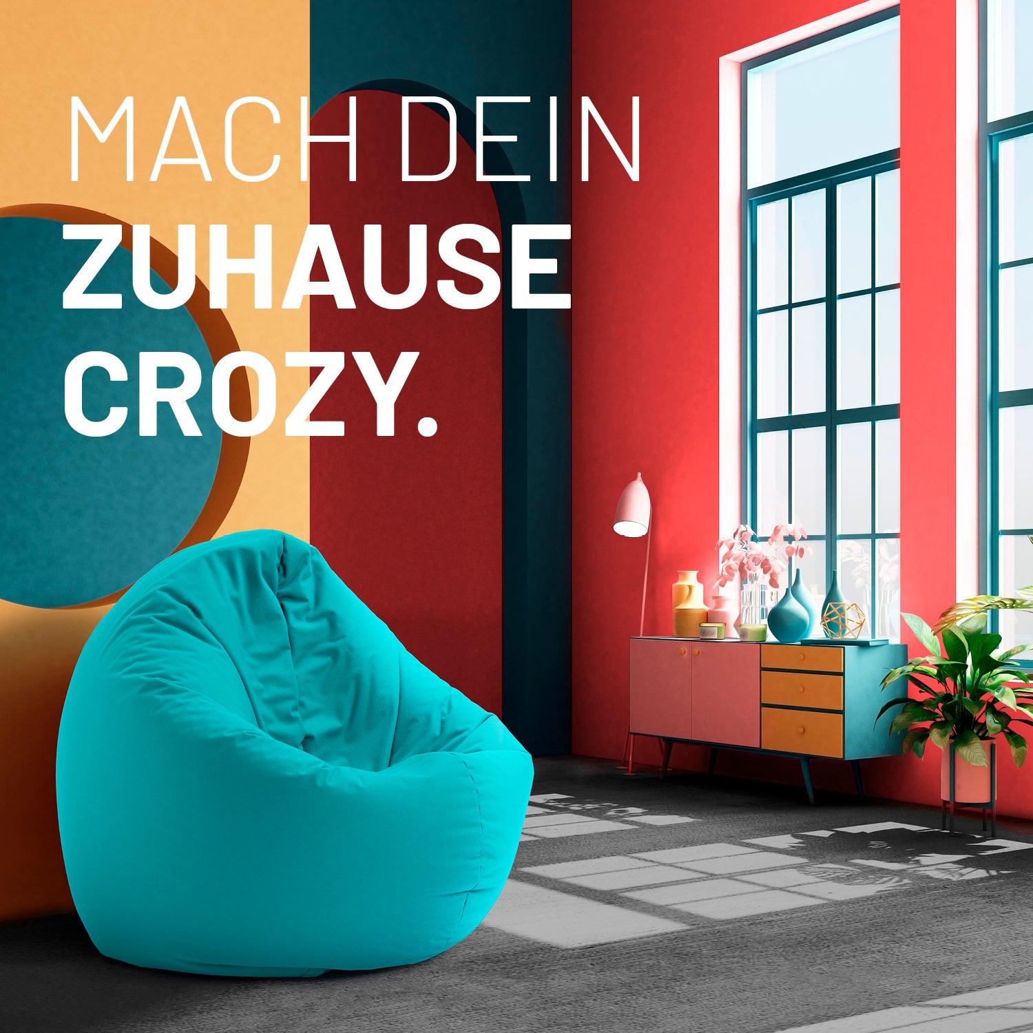 Sitzsack Drops (300 L) in Aquamarin vor buntem Wanddesign, modern, leicht, vielseitig für drinnen und draußen.