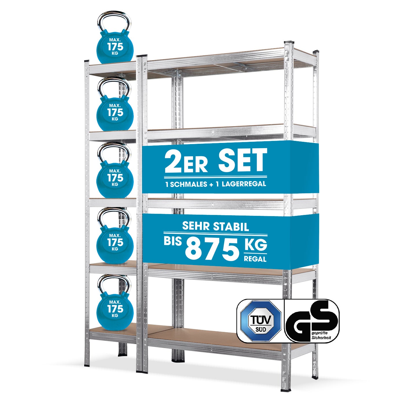 Schwerlastregal & Werkbank 2er-Set - 1750 kg Traglast, 175 kg pro Ebene - TÜV-geprüft