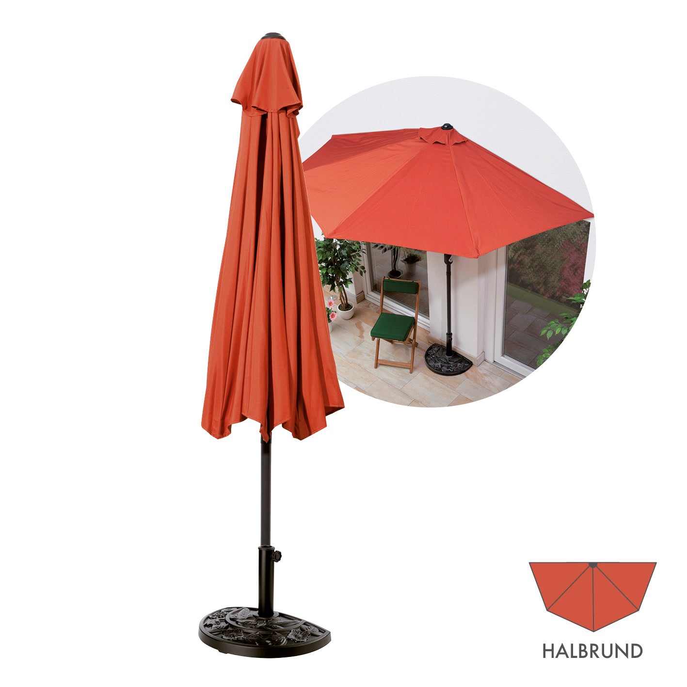 Sonnenschirm mit UV-Schutz mit Sonnenschirmfuß - halbrund 270x140 cm - terracotta