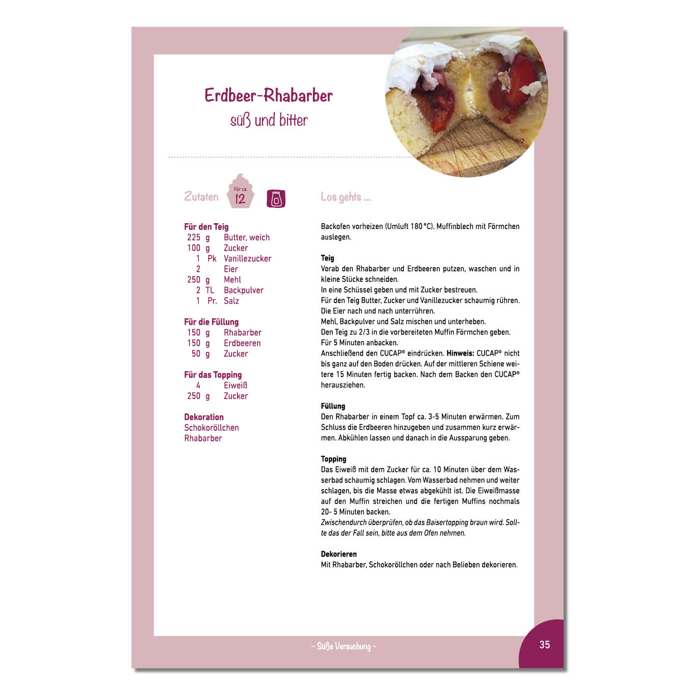 CuCap Backbuch für Cupcakes, Muffins & Mehr mit Rezeptseite für Erdbeer-Rhabarber Muffins, 40 Rezepte, Softcover, 76 Seiten.
