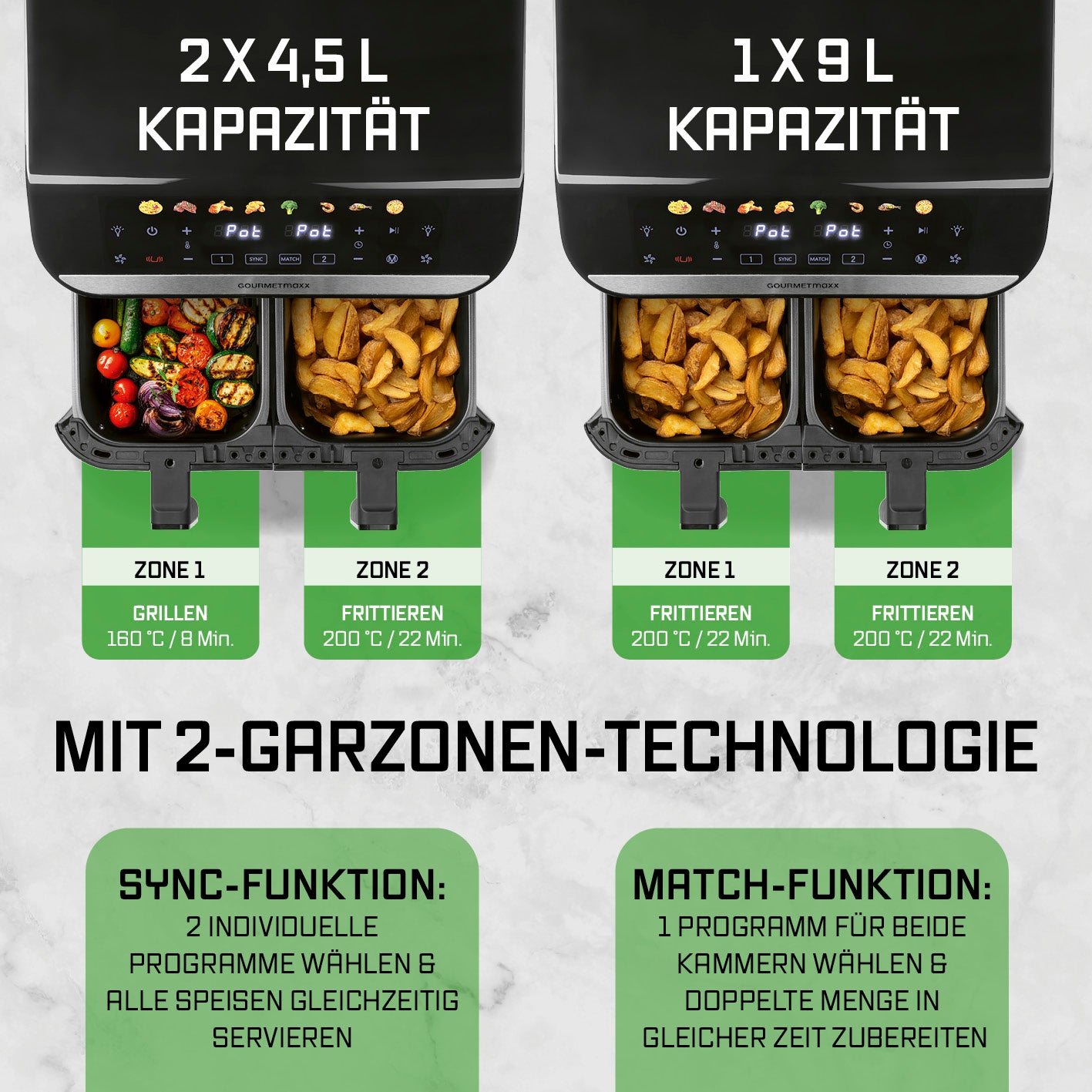 Doppelkammer-Heißluftfritteuse - 9 Liter mit 2 Garzonen, 14" Touchscreen, Sync & Match Funktion für fettarmes gleichzeitiges Frittieren.
