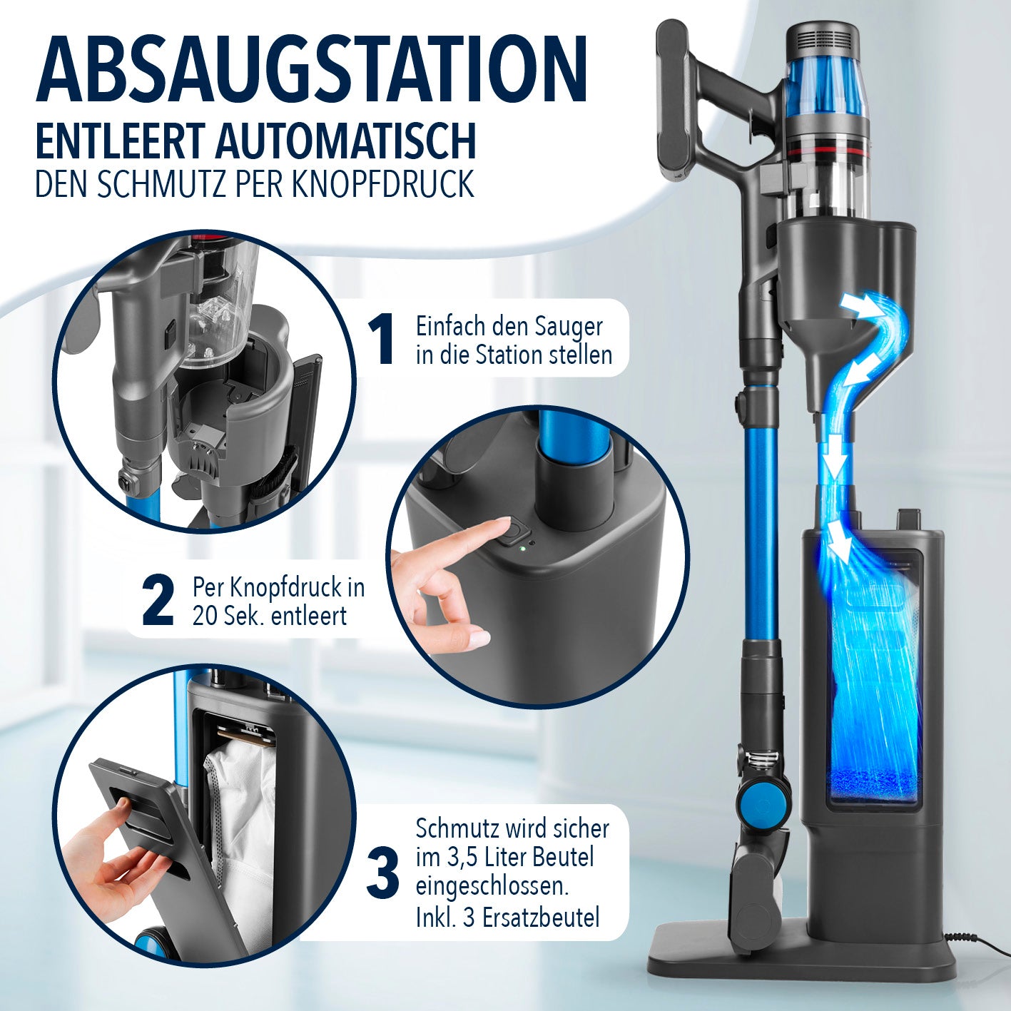 AeroTech 500 Staubsauger mit Absaugstation – Grau-Blau mit automatischer Entleerung und kabelloser Tiefenreinigung.