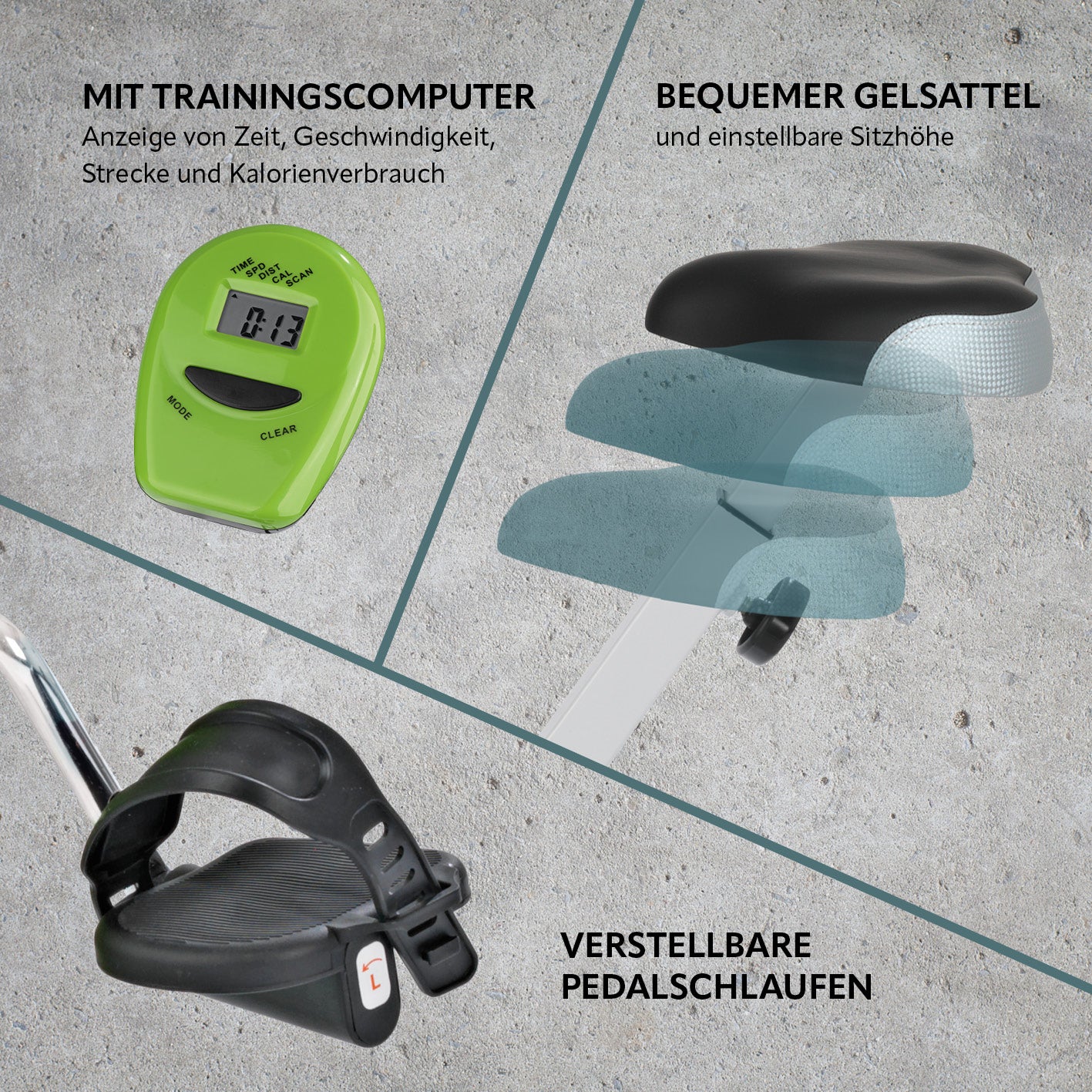 Heimtrainer mit magnetischer Bremse, Trainingscomputer, bequemer Gelsattel und verstellbare Pedalschlaufen für Komfort und Kontrolle.