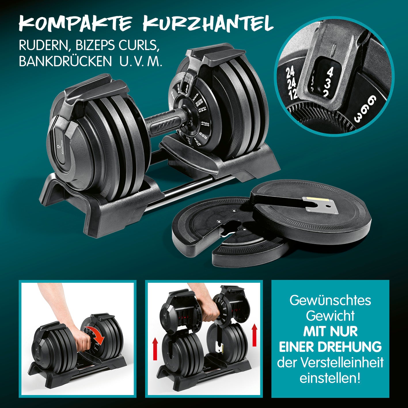Multifunktionshantel 3 in 1, verstellbar 3-24 kg, kompakte Kurz- & Langhantel, robust für vielseitiges Ganzkörper-Workout zu Hause.