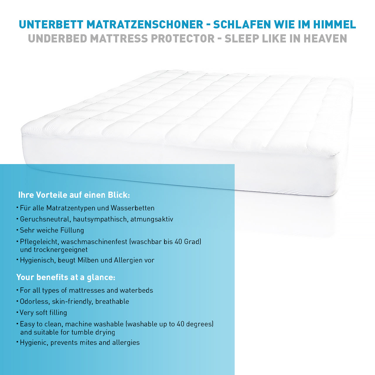Comfort Line Matratzenauflage / Matratzenschoner / Soft-Topper 200x200 cm Weiß, atmungsaktiv, hygienisch, waschbar bis 40 Grad.