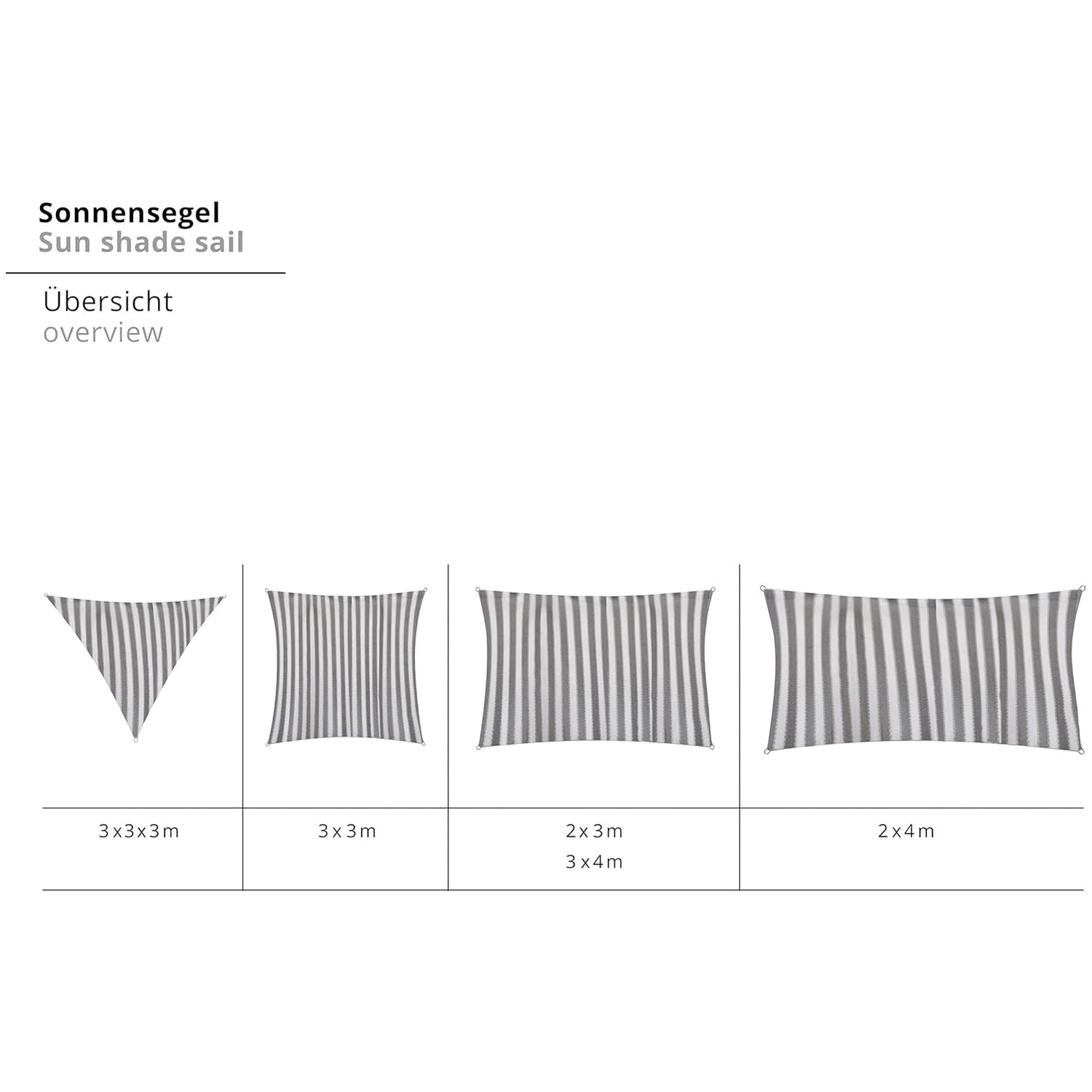 Sonnensegel 100% HDPE mit Stabilisator für UV-Schutz - Rechteck 2 x 4 Meter - Grau/Weiß, robust und reißfest, mit Befestigungsseilen