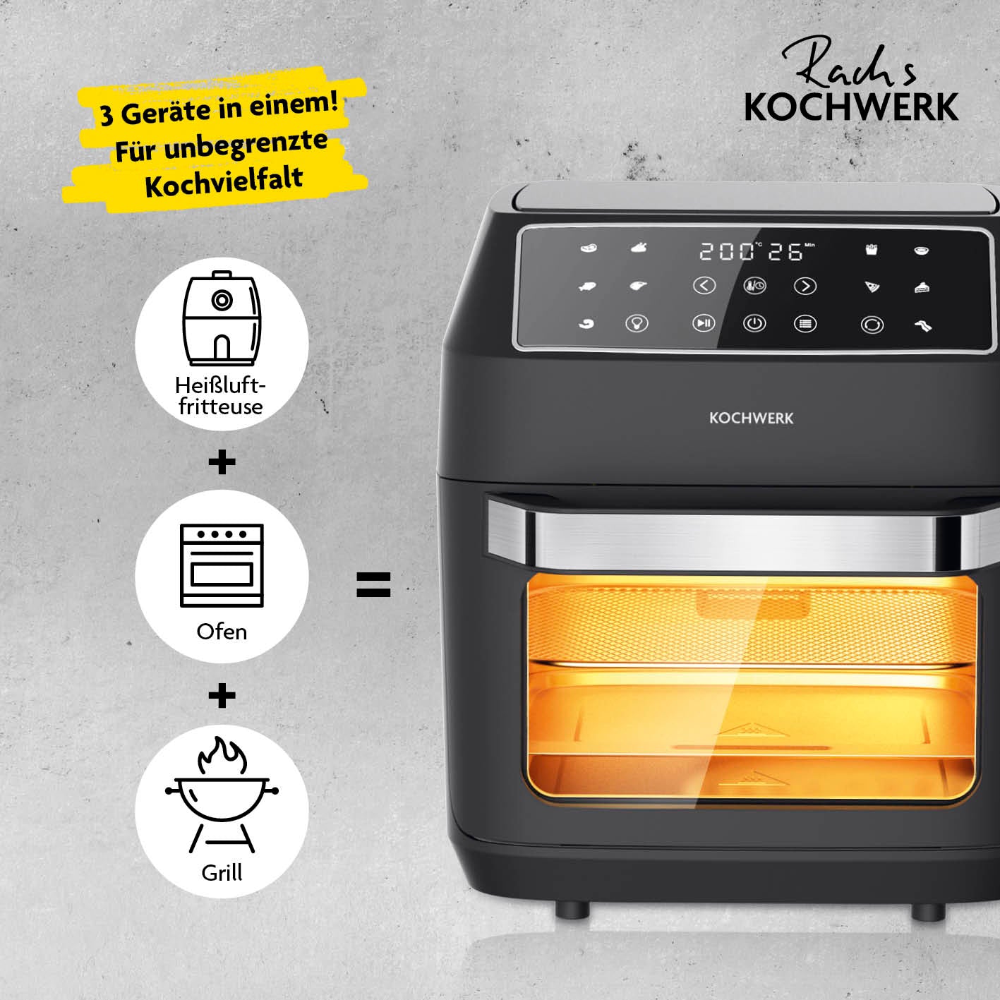 Heißluft-Ofen Digital 12l 1700W mit Touchdisplay, Heißluftfritteuse, Ofen und Grill in einem Gerät für vielseitiges Kochen.