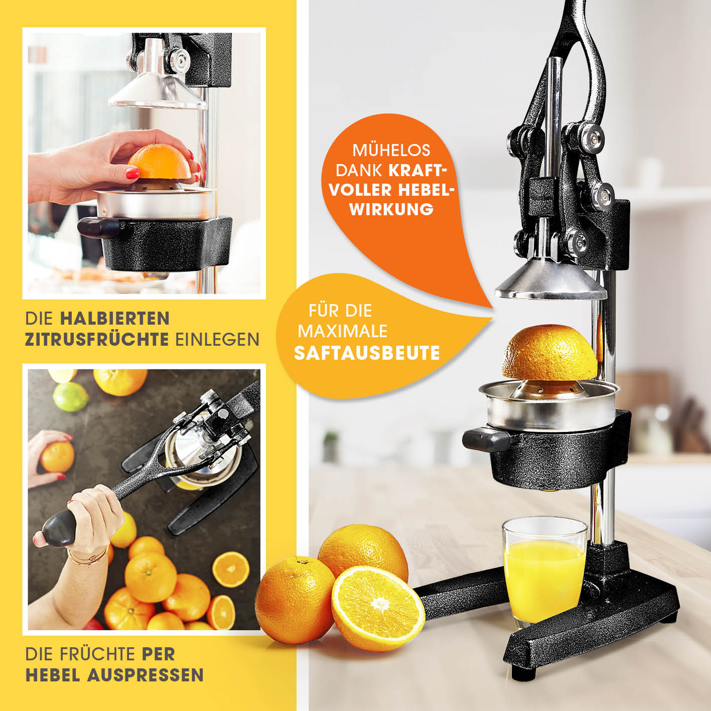 Manuelle Saftpresse - Schwarz/Silber zum mühelosen Entsaften von Zitrusfrüchten mit kraftvoller Hebelwirkung für maximale Saftausbeute.