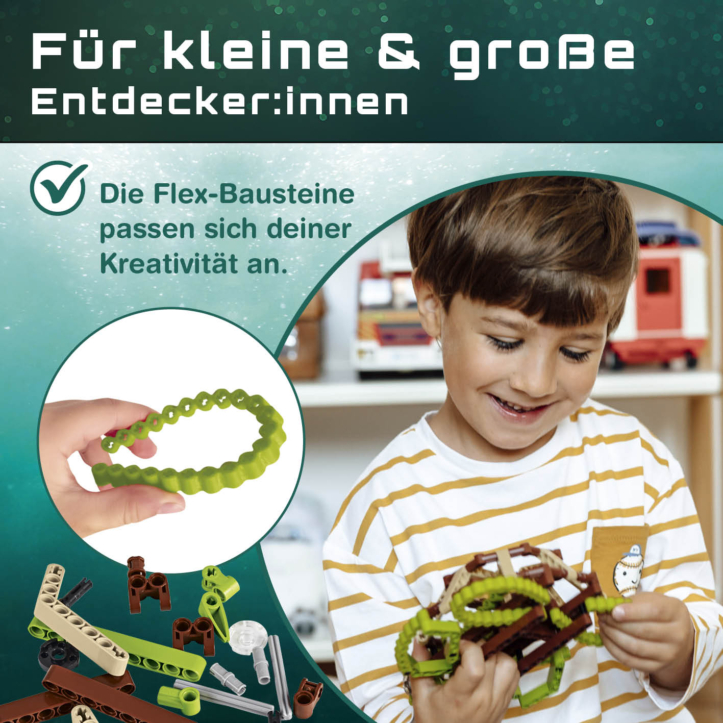 Baustein-Set Schildkröte zeigt flexiblen Baukasten für kreative, dynamische Konstruktionen mit elastischen Bausteinen für Kinder.