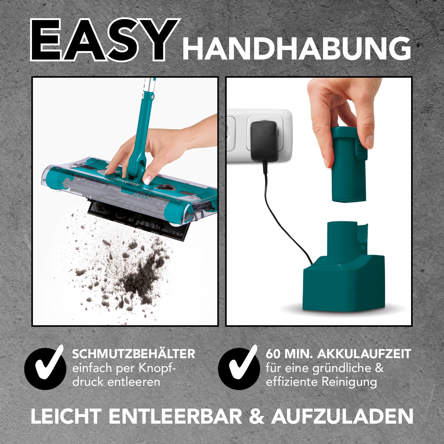 Akku-Besen Swivel Sweeper G2 + Ersatz-Akku mit leicht entleerbarem Schmutzbehälter und 60 Min. kabelloser Akkulaufzeit, smaragd.