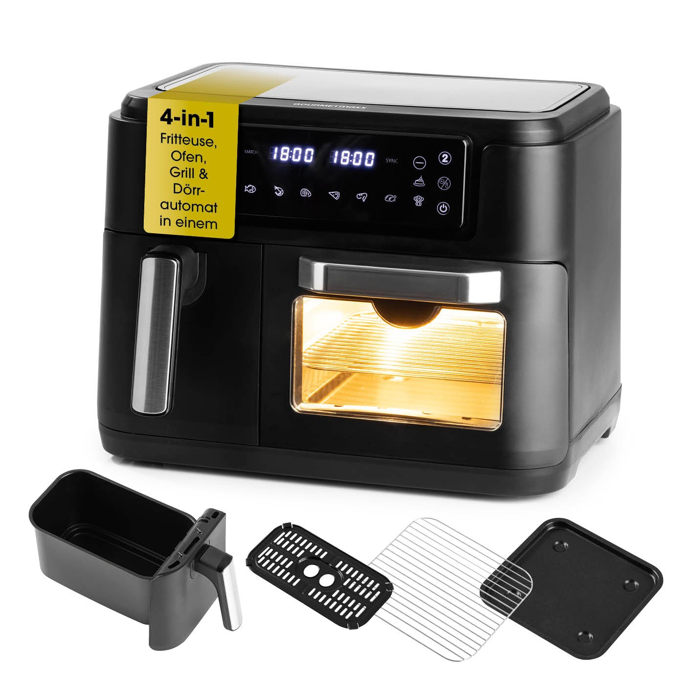 4-in-1-Heißluftfritteuse mit Touchdisplay, 10 Programmen zum Frittieren, Grillen, Backen, Dörrofen und synchronisiertem Garen.