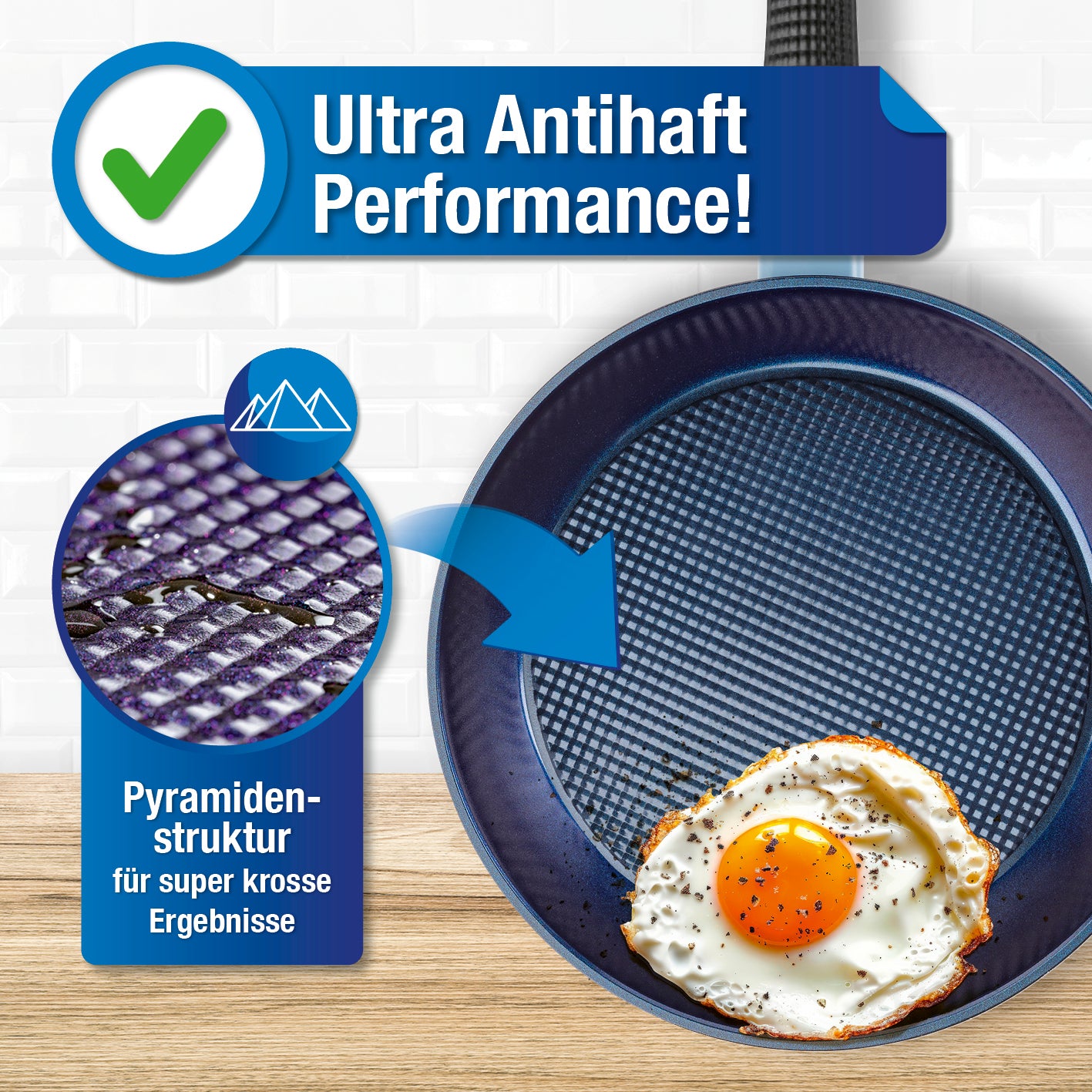 Koch- und Bratset mit antihaftbeschichteter Alu-Pfanne, pyramidaler Struktur für krosses, fettarmes Braten und Garen.