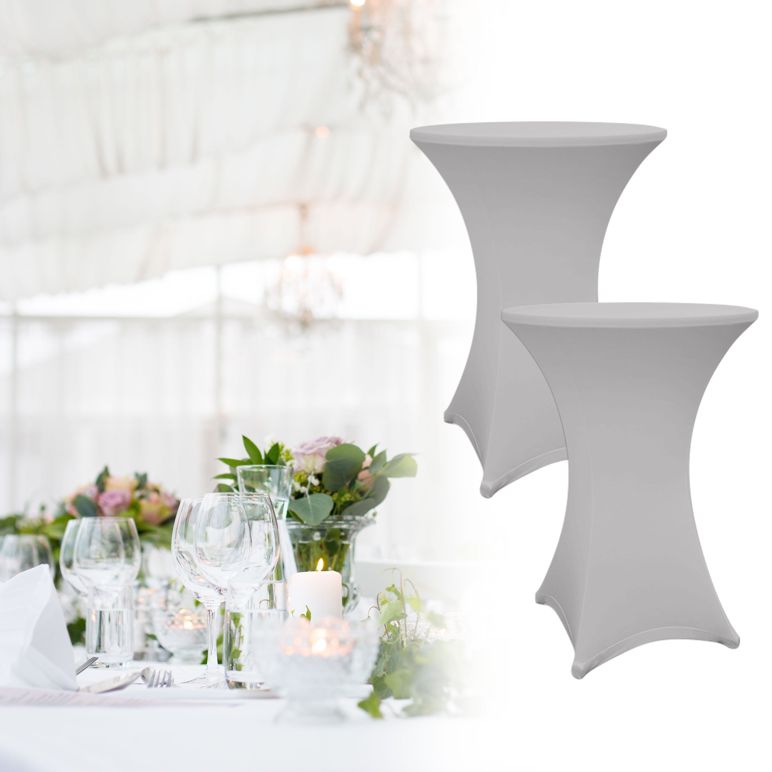 Stehtischhusse Silbergrau Ø 80-85 cm im 5er-Set, elegant, schmutzabweisend und passend für gängige Stehtischgrößen.