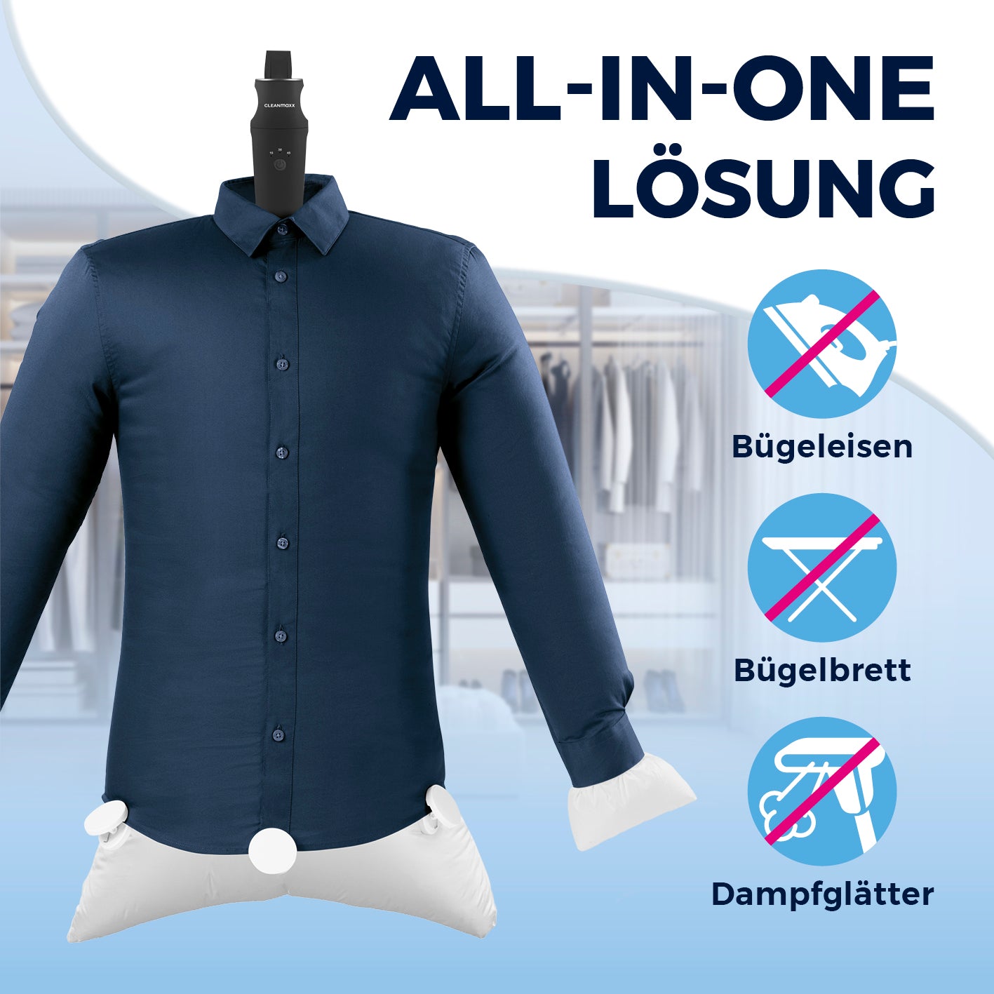 Hemdenbügler PRO KOMPAKT schwarz/silber zeigt faltenfreies Trocknen und Bügeln ohne Bügeleisen, Brett oder Dampfglätter.