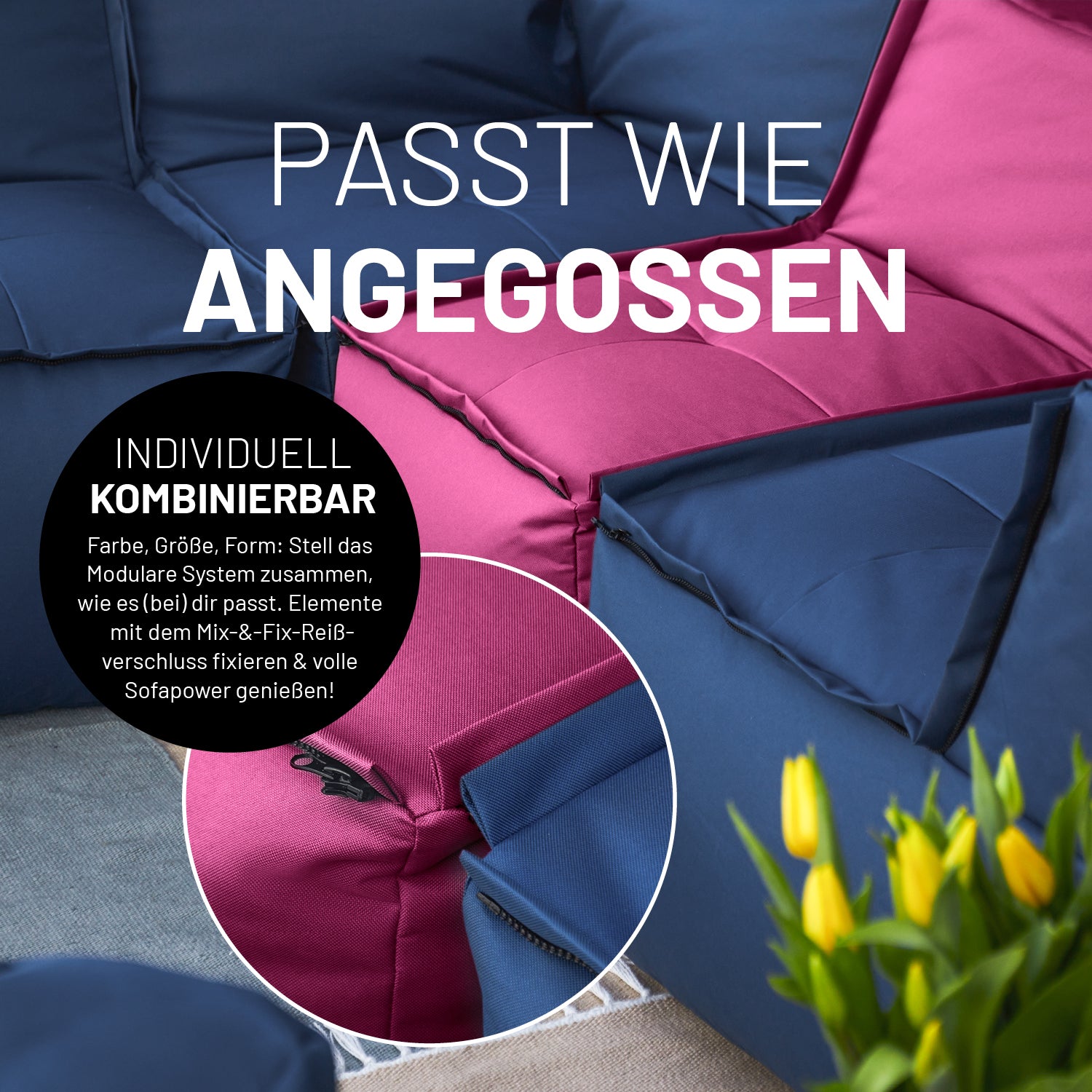 Basic Set (5-tlg.) - Modulares System - In- & outdoor - Rotwein mit Mix-&-Fix-Reißverschluss, extrastark und anpassungsfähiger EPS-Füllung.