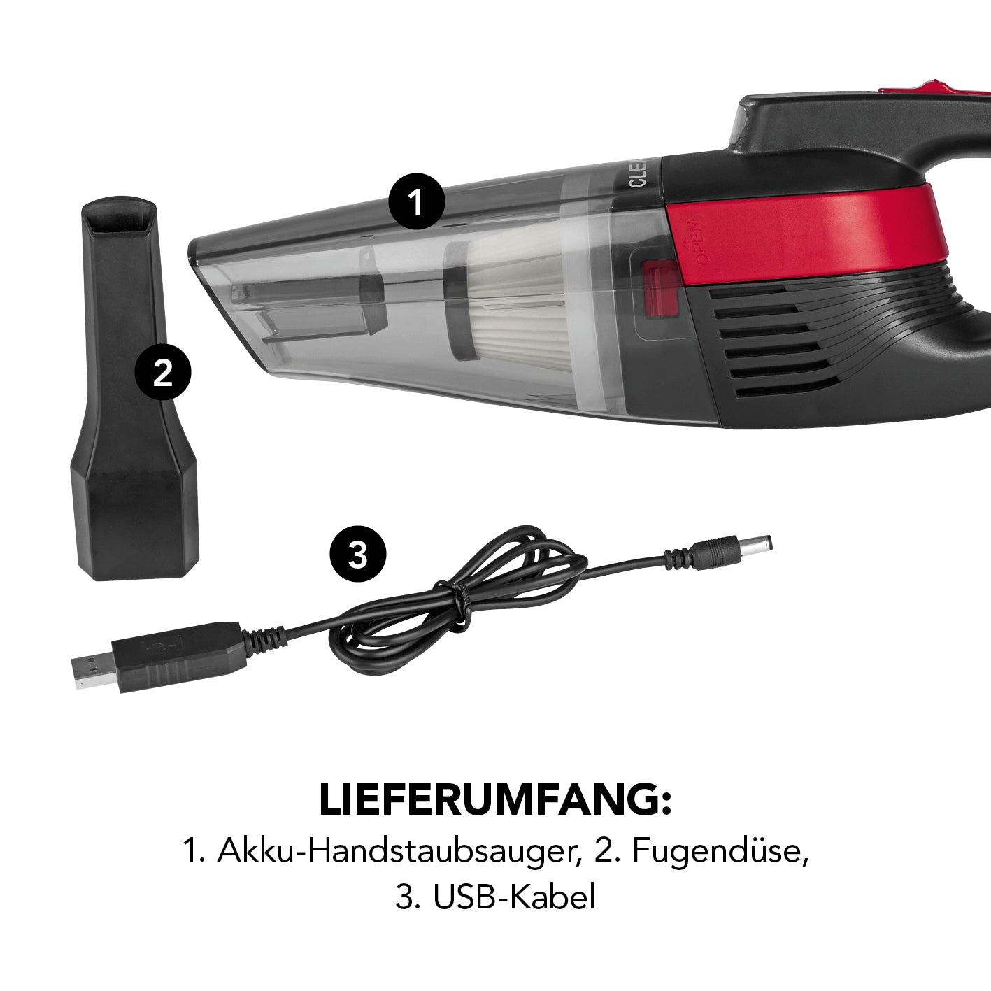Akku-Handstaubsauger - grau/rot mit Fugendüse und USB-Kabel, kabellos, kompakt, mit abnehmbarem Schmutzauffangbehälter und LED-Beleuchtung.