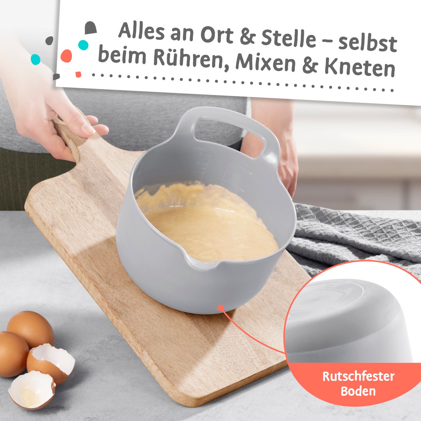 Schüssel-Set 4-tlg. mit rutschfestem Boden und Ausgießer für sicheres und bequemes Mixen, Rühren und Kneten in der Küche.