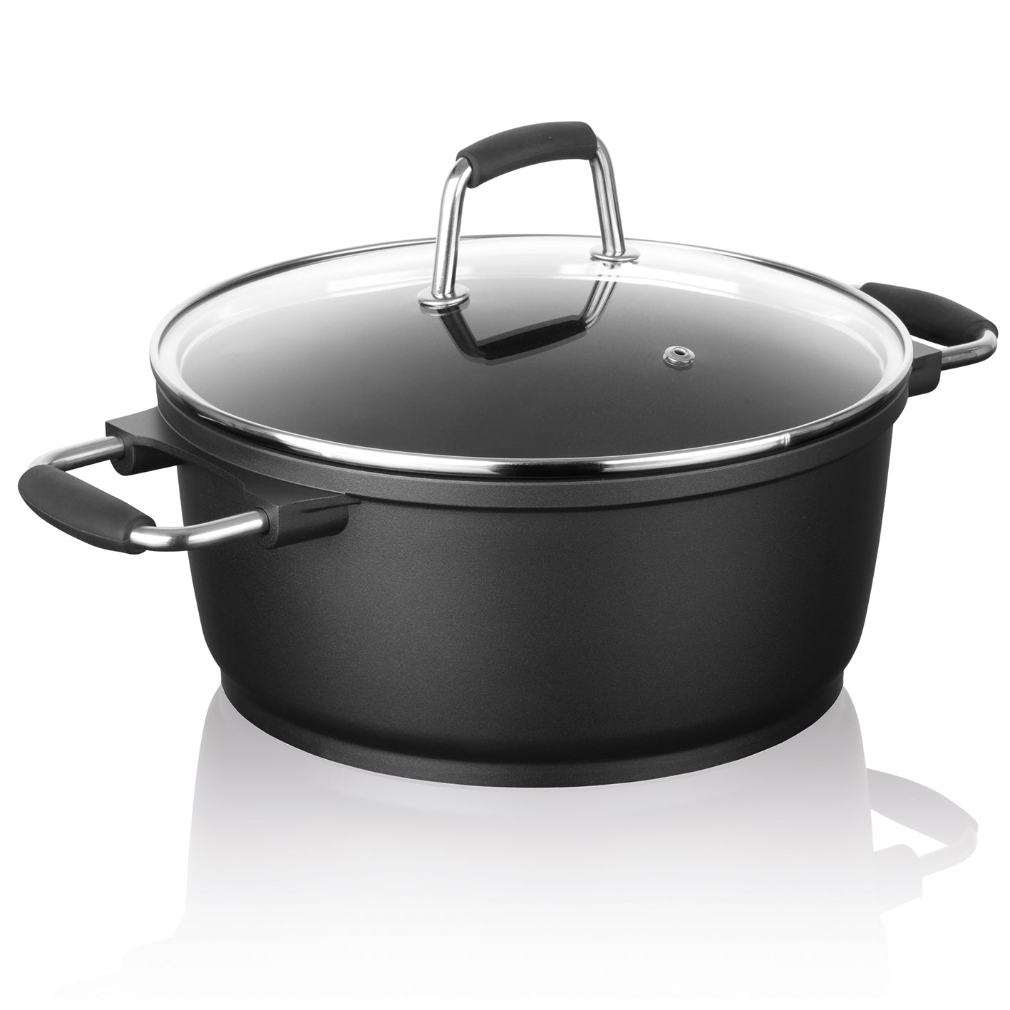 Aluguss-Kochtopf, 20 cm mit Glasdeckel, 2-facher Greblon Antihaftbeschichtung, robust, langlebig und kratzunempfindlich.