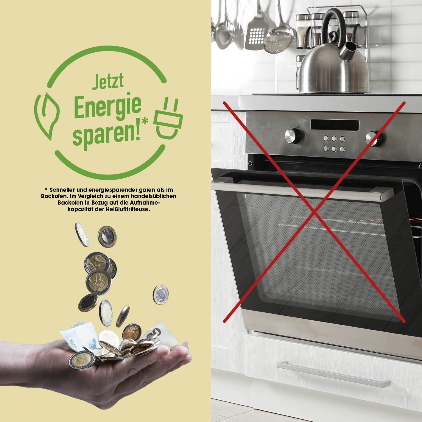 4-in-1-Heißluftfritteuse ersetzt herkömmlichen Ofen, spart Energie und Geld durch schnelles und effizienteres Garen.