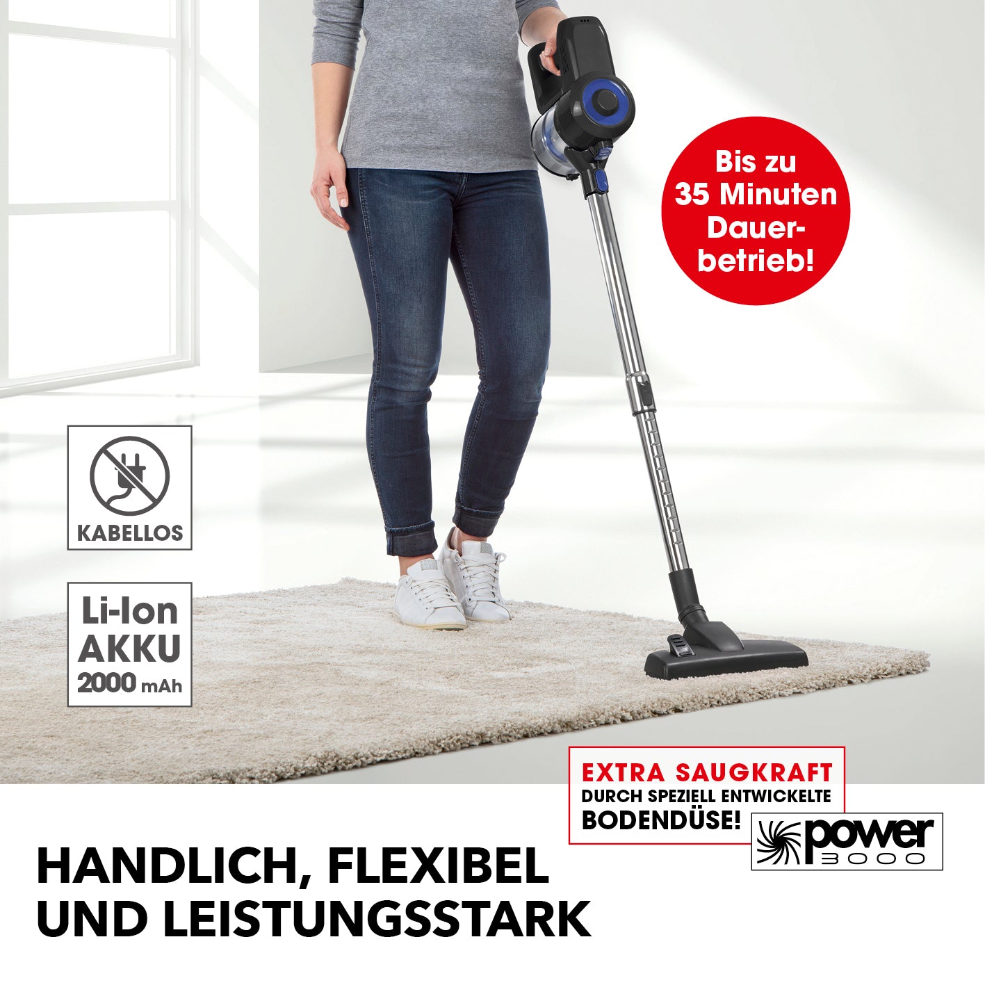 Zyklon-Staubsauger - schwarz/blau mit kabellosem Li-Ion Akku, extra Saugkraft und flexibler Bodendüse für bis zu 35 Minuten Dauerbetrieb.