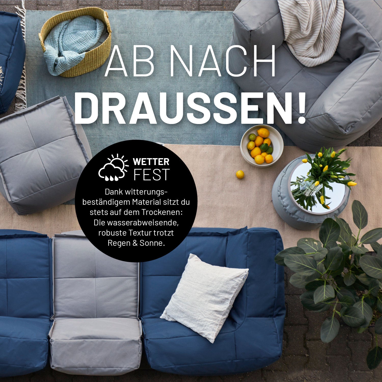 Sitzsack-Hocker (200 L) - Modulares System in Navyblau, wetterfest, vielseitig, mit abwischbarem Bezug für indoor & outdoor Nutzung.
