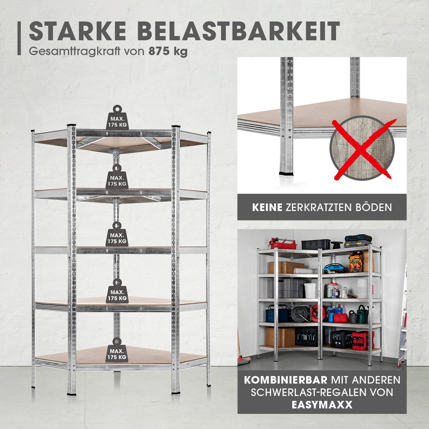 Schwerlast-Eckregal & Werkbank - 180 x 90 x 40 cm - 875 kg Traglast, 175 kg pro Ebene, robuste Metallkonstruktion, bodenschonend, kombinierbar