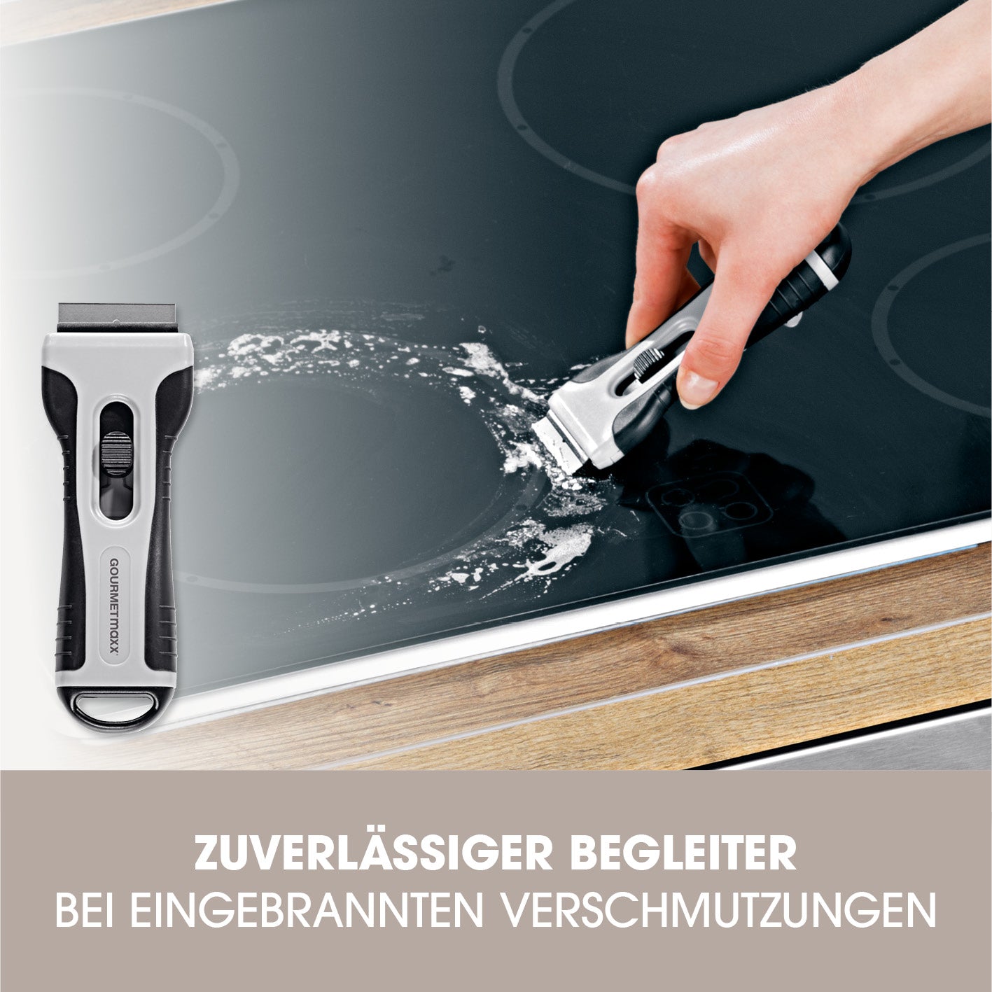 Kochfeldschaber - 13,2 x 5,1 x 2,2 cm - schwarz/grau mit Soft-Touch-Griff zur mühelosen Reinigung von Kochfeldern und Fliesen.