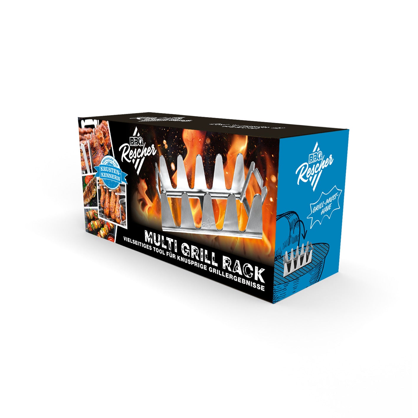 Multi-Grillständer aus Edelstahl zum indirekten Garen von Fleisch mit krosser Kruste und tropfendem Fett beim Grillen.