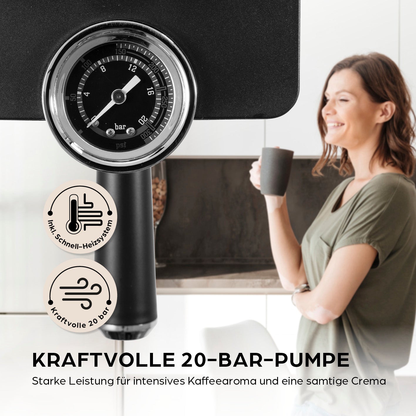Manometer der Siebträgermaschine Espresso Slim - 20 bar mit 20-bar-Pumpe für perfekten Espressodruck und cremigen Kaffee