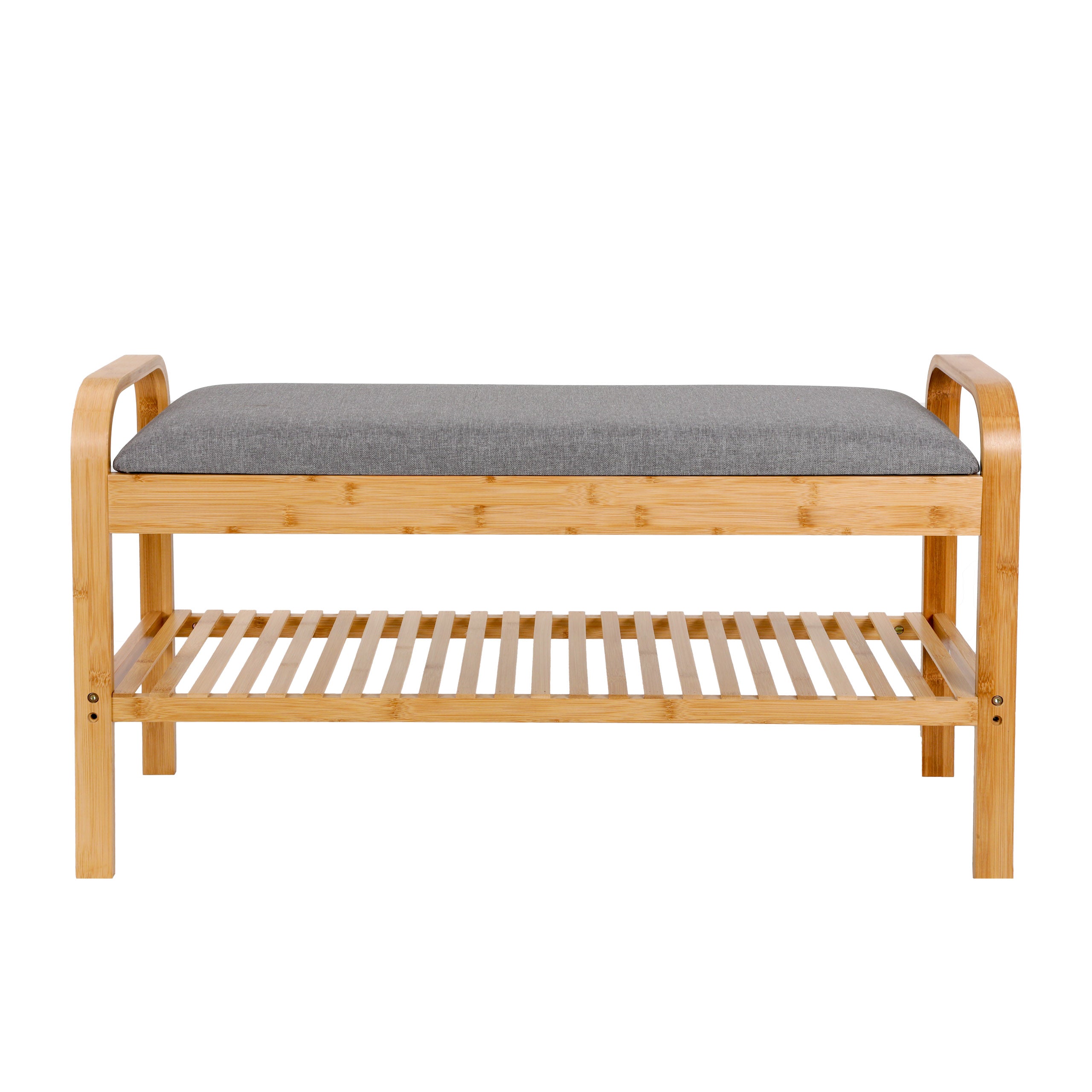 Schuhregal aus Bambus mit Sitzbank - 90 x 50 x 30 cm - Grau, mit gepolstertem Sitz und Ablagefläche für Schuhe.