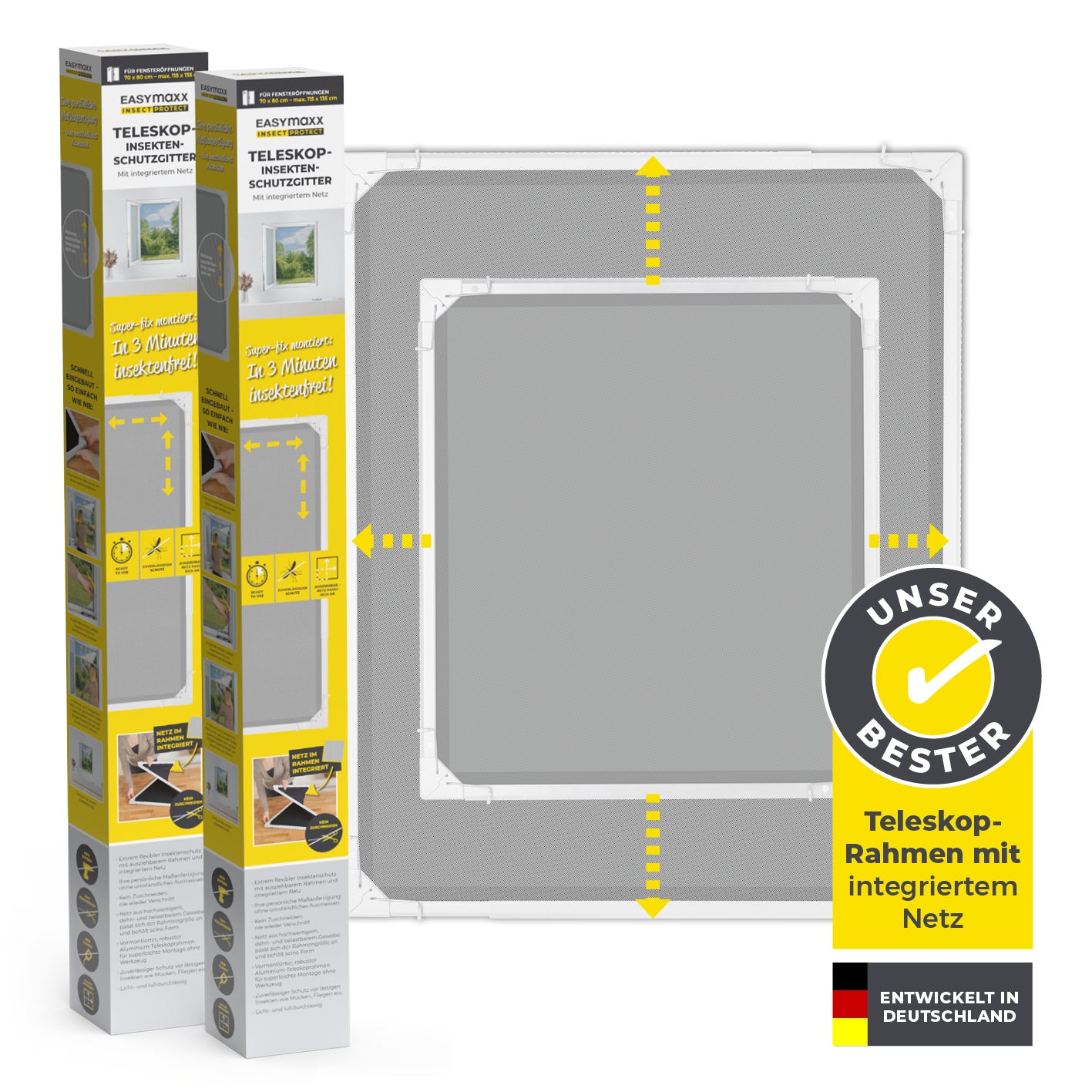 Teleskop-Insektenschutzgitter mit integriertem Netz - 2er-Set in weiß, flexibel, schnell montierbar, ohne Zuschneiden, robuste Passform.