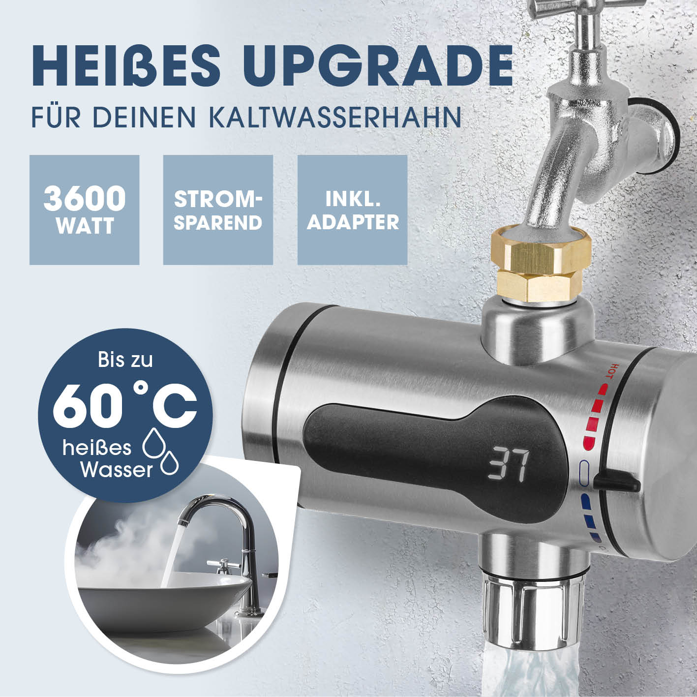 Edelstahl-Durchlauferhitzer mit 3600 Watt, digitaler Anzeige und Adapter für warmes Wasser bis 60°C am Kaltwasserhahn.