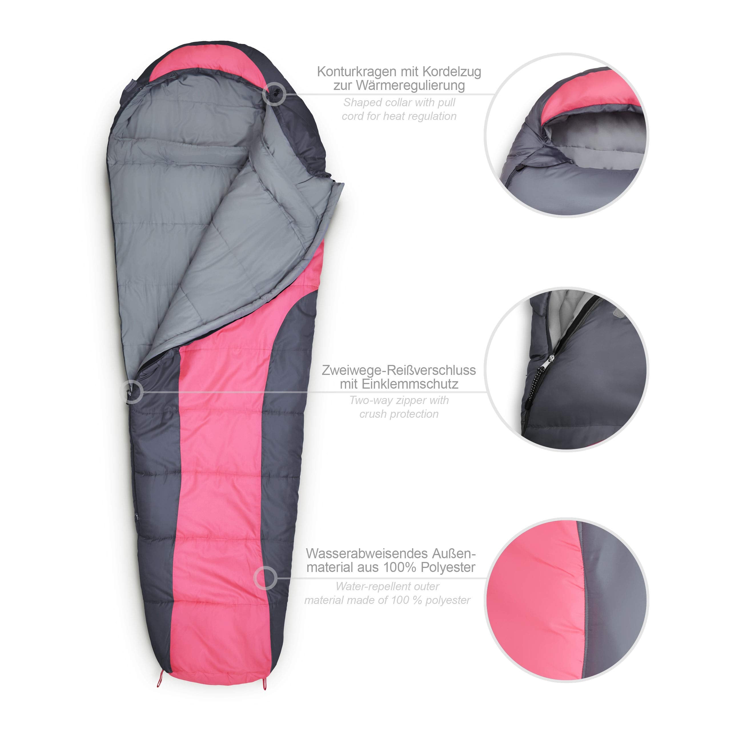 Camping Schlafsack Classic - Mumienschlafsack mit Tasche, wasserabweisend, mit Kordelzug-Kragen, 230 x 80 x 55 cm, pink.