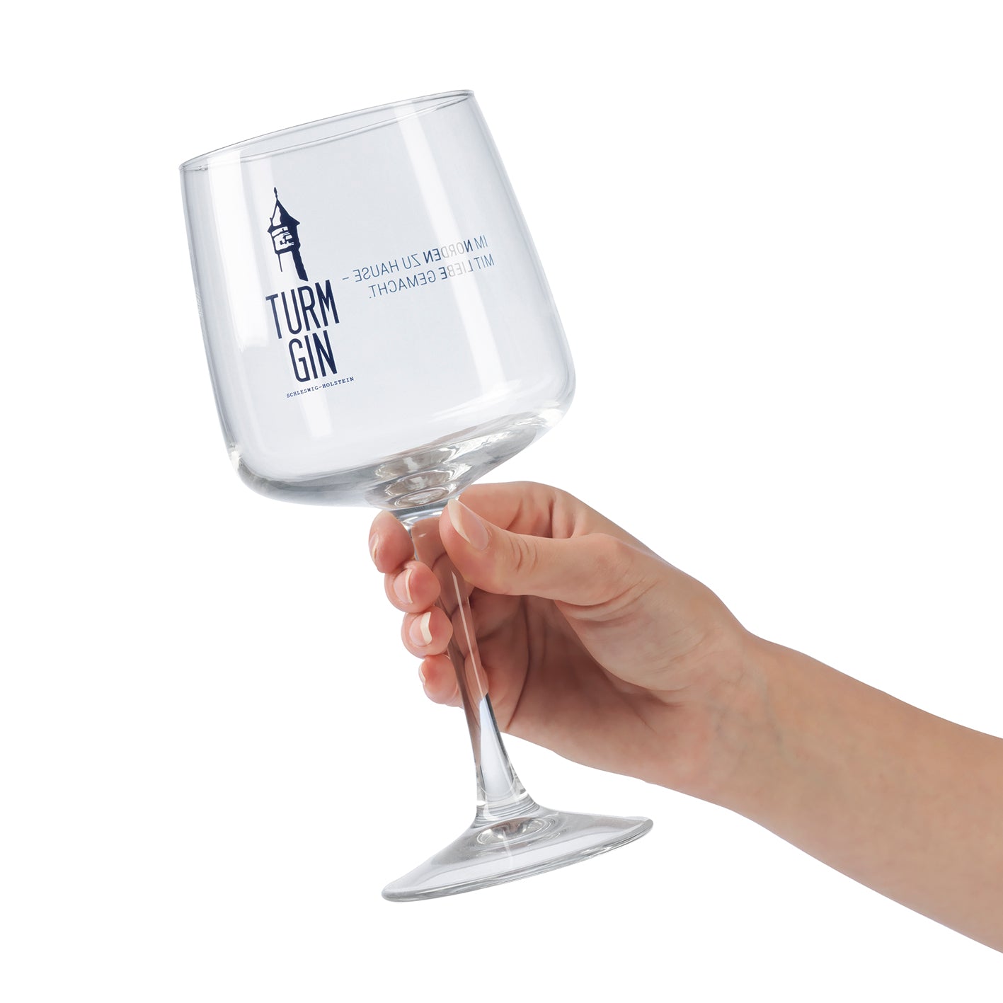 Copa Glas mit Logo und Schriftzug - 720 ml - 2er-Set, stilvolles TURM GIN Design, großes Stilglas zum Servieren von Gin und Cocktails.