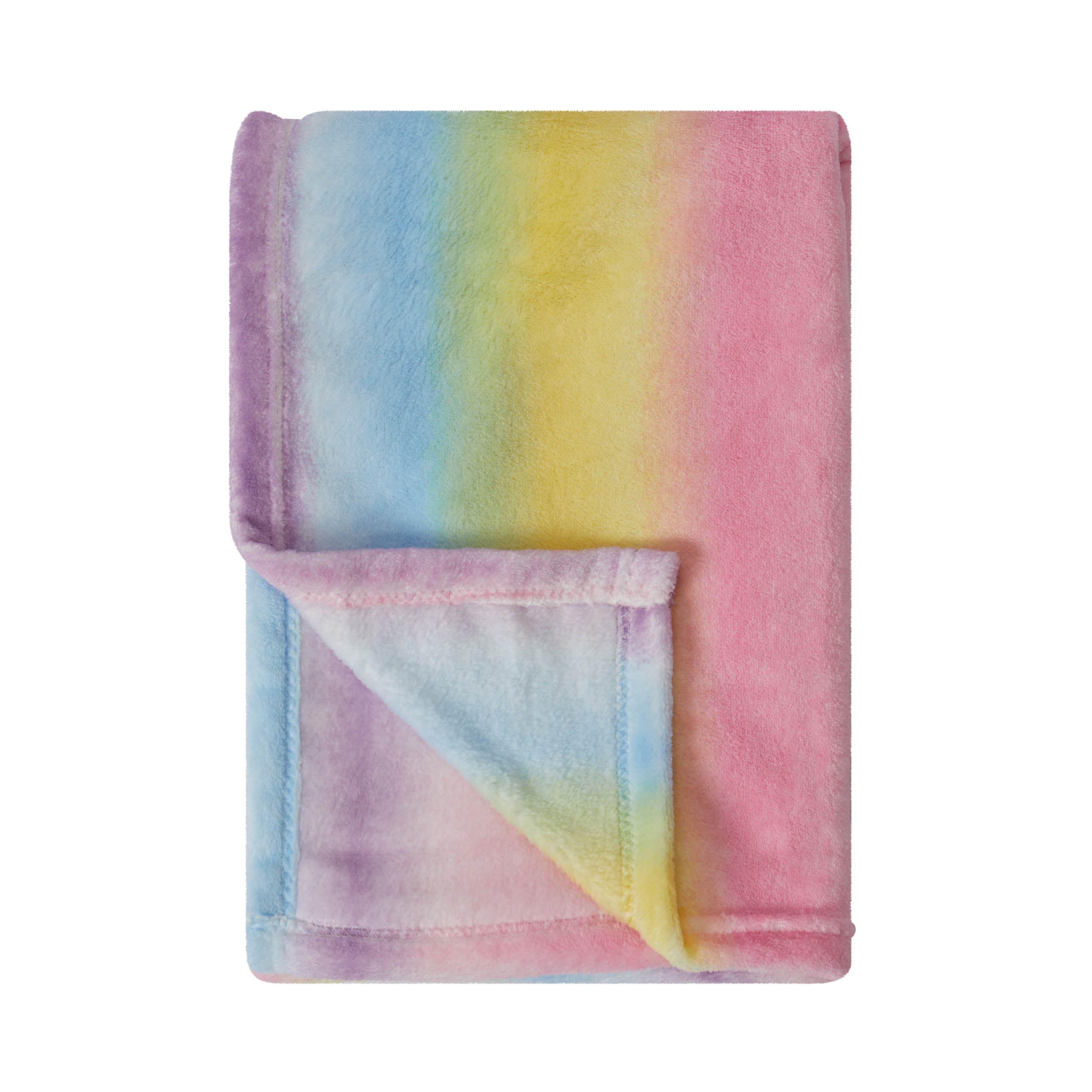 Kuscheldecke für Kinder - 75 x 100 cm - Regenbogen aus weichem Coral-Fleece in buntem Regenbogen-Multicolour-Design.