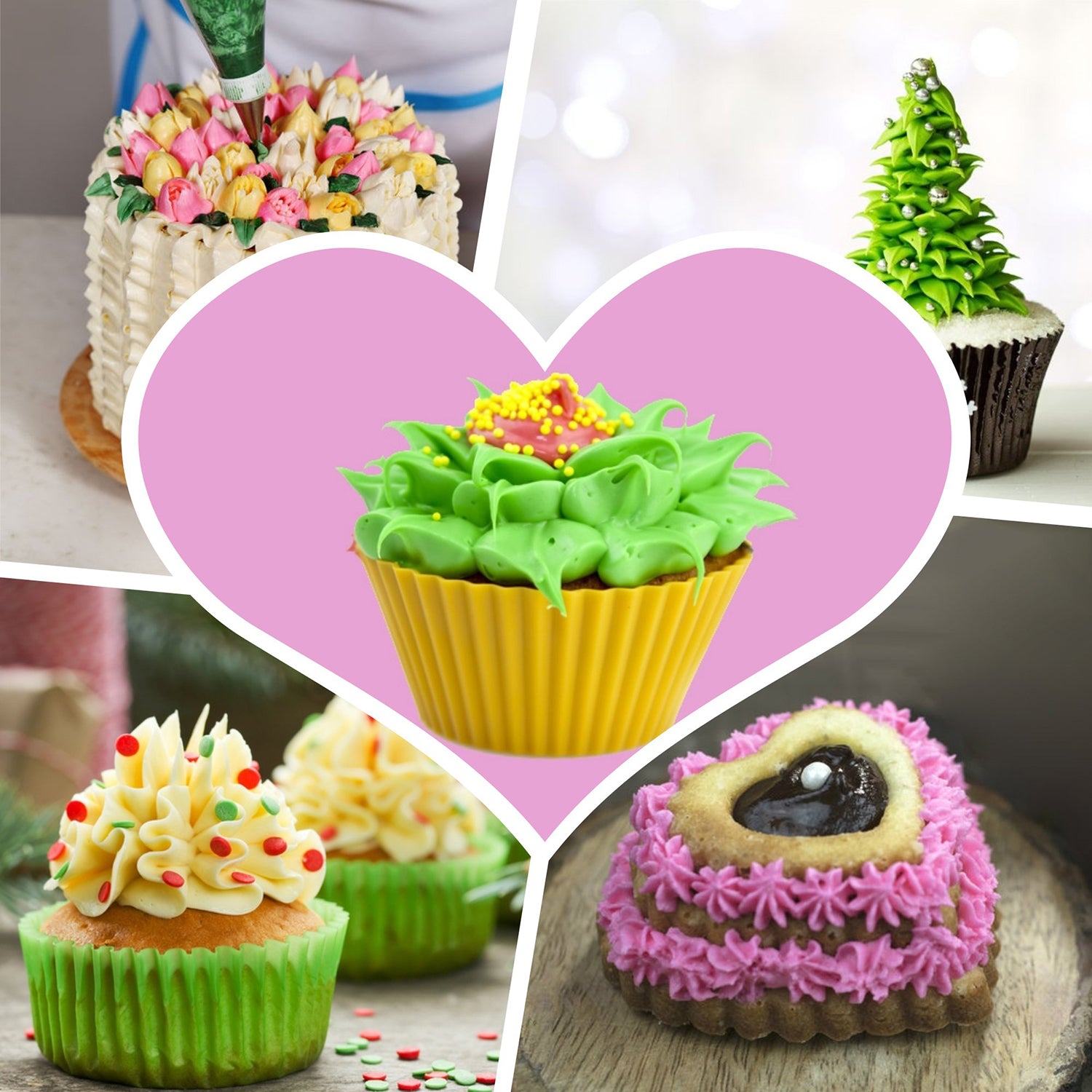 Spritztüllen-Set - 38-teilig zeigt vielfältige Torten- und Cupcake-Dekorationen mit bunten Cremespitzen für festliche Anlässe.