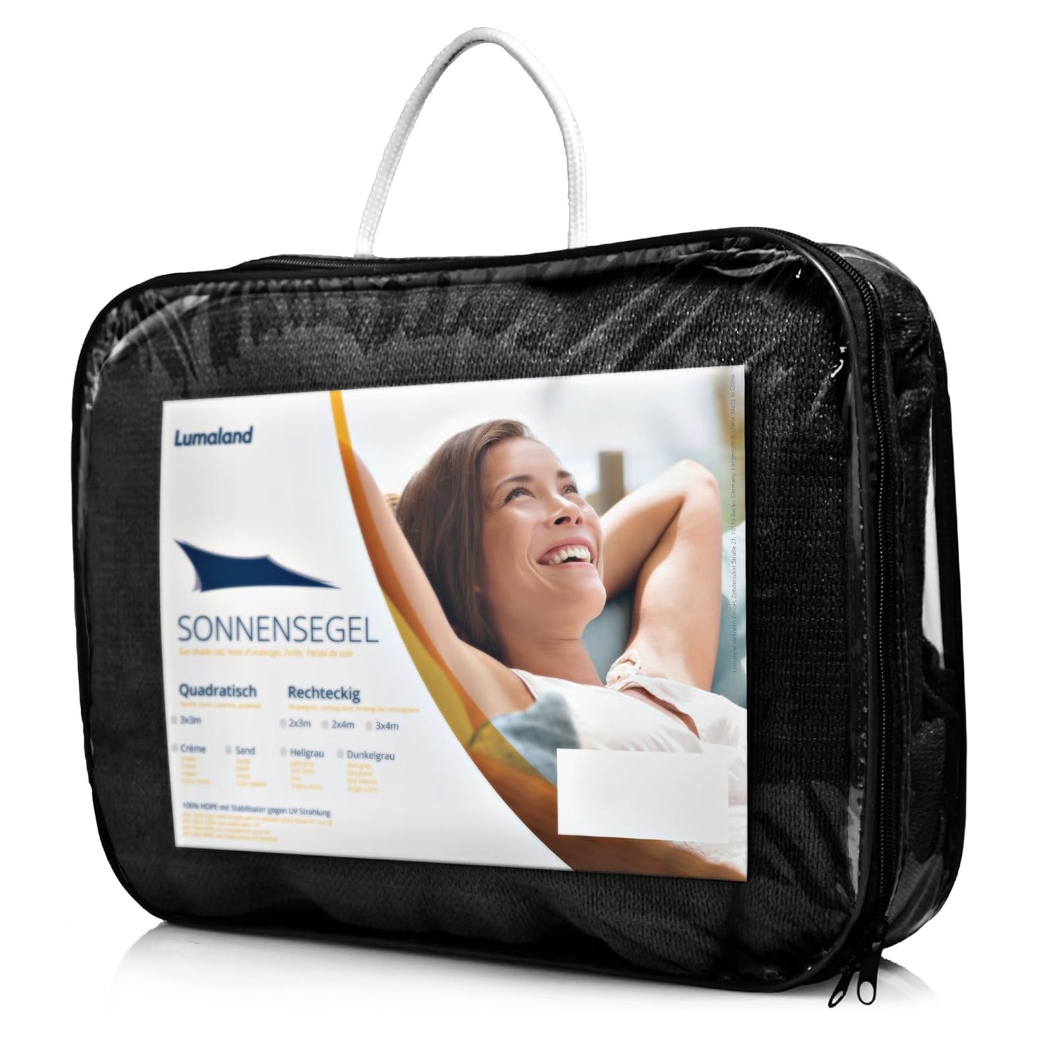 Sonnensegel 100% HDPE mit Stabilisator für UV-Schutz Quadrat 5 x 5 Meter Schwarz in praktischer Transporttasche verpackt