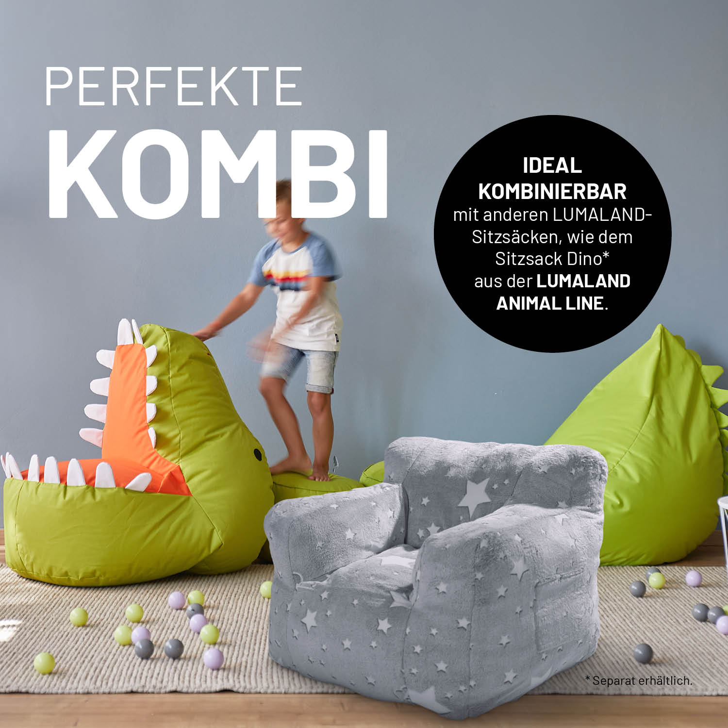 Sessel „Glow in the Dark“ - Grau mit Sternenmuster, weich, pflegeleicht und mit praktischer Seitentasche für Kinderzimmer.