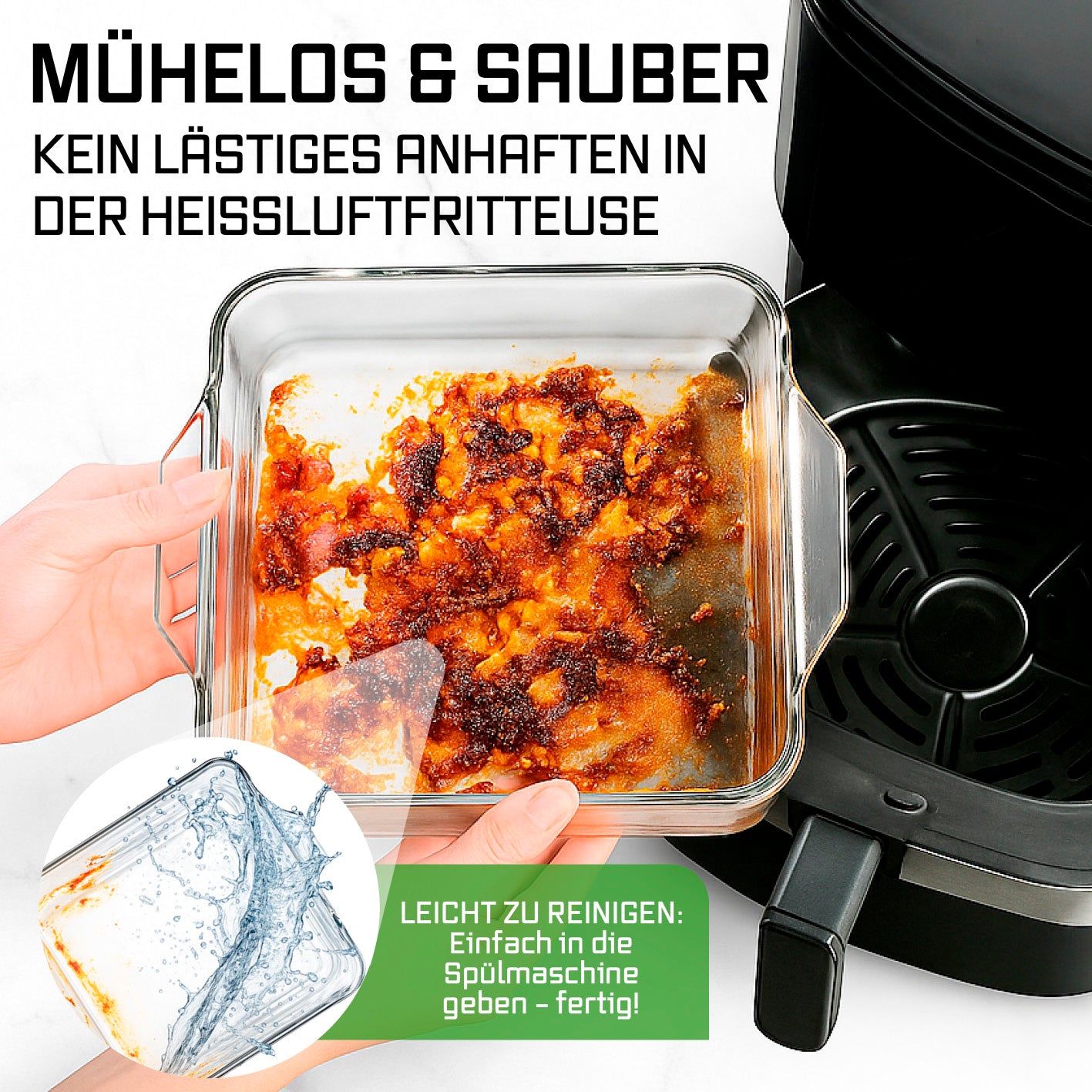 Glas-Auflaufform für Heißluftfritteuse & Backofen - 24 x 20 x 5 cm - 1500 ml, leicht zu reinigen und backofenfest.