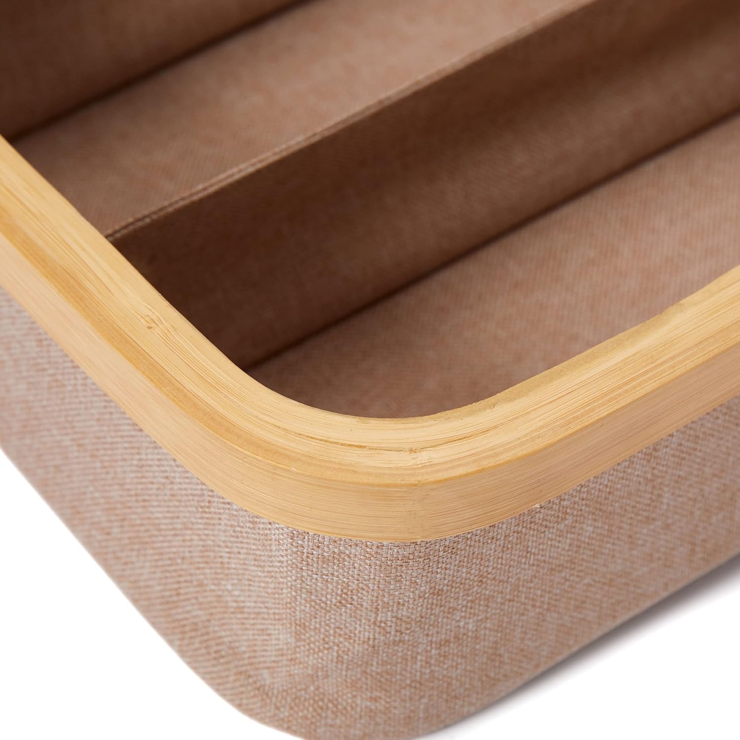 Organizer mit Bambus-Rahmen - 3er-Set - 30 x 30 x 9 cm, taupefarbene Aufbewahrungsbox mit stilvollem Bambusrahmen, 3/4/9 Fächer.