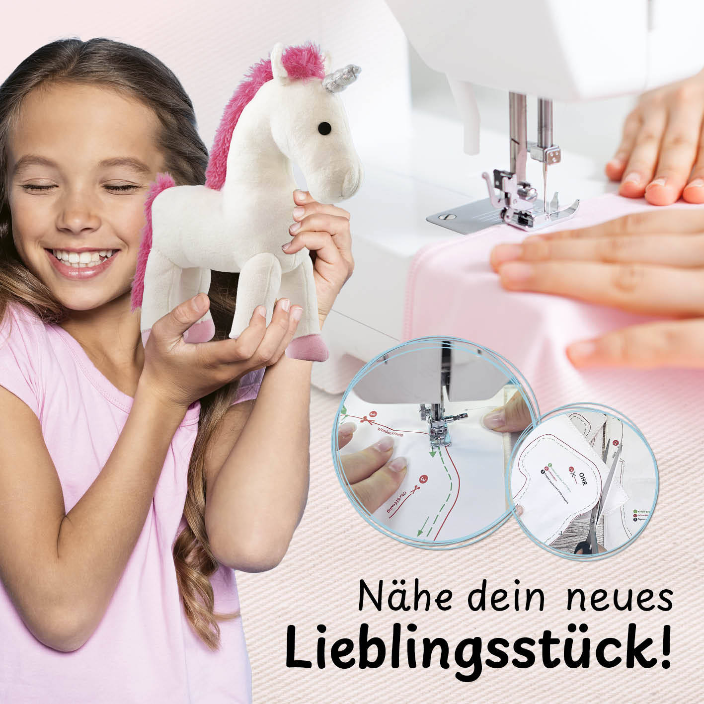 Näh-Baukastenset Motiv Einhorn Elly mit Anleitung, ideal für Kinder ab 5 Jahren zum spielerischen Nähenlernen mit Nähmaschine.